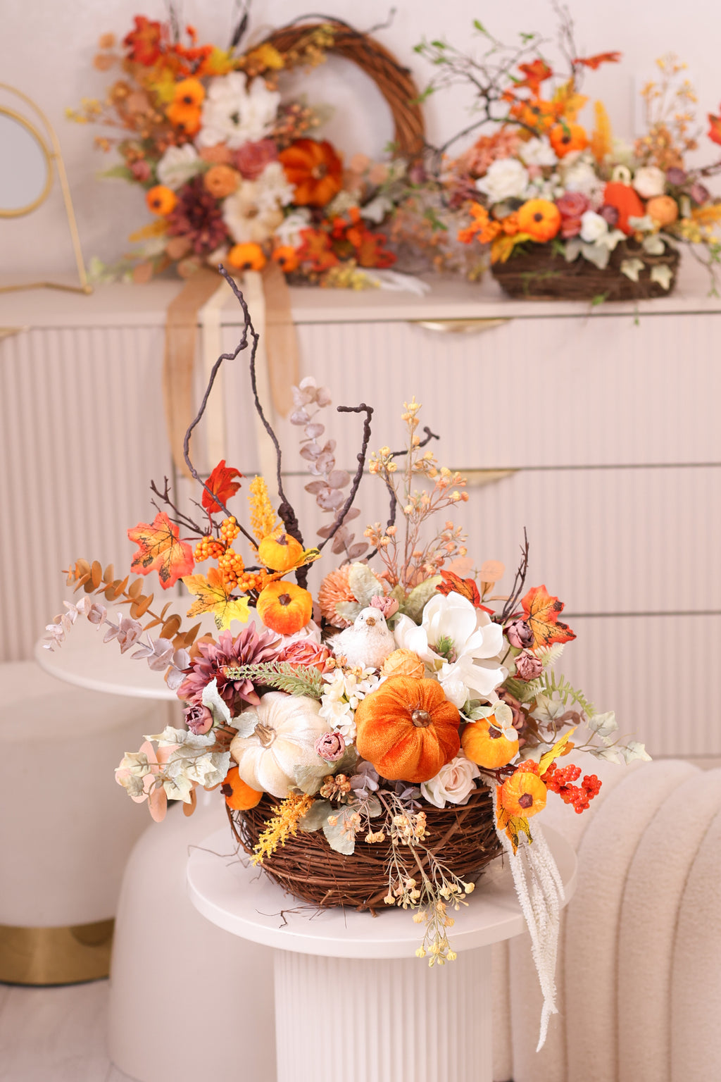 Fall Centerpiece with Pumpkins | Autumn Table Decor | Thanksgiving Floral Arrangement | Rustic Farmhouse Pumpkin Basket | Harvest Home Decor