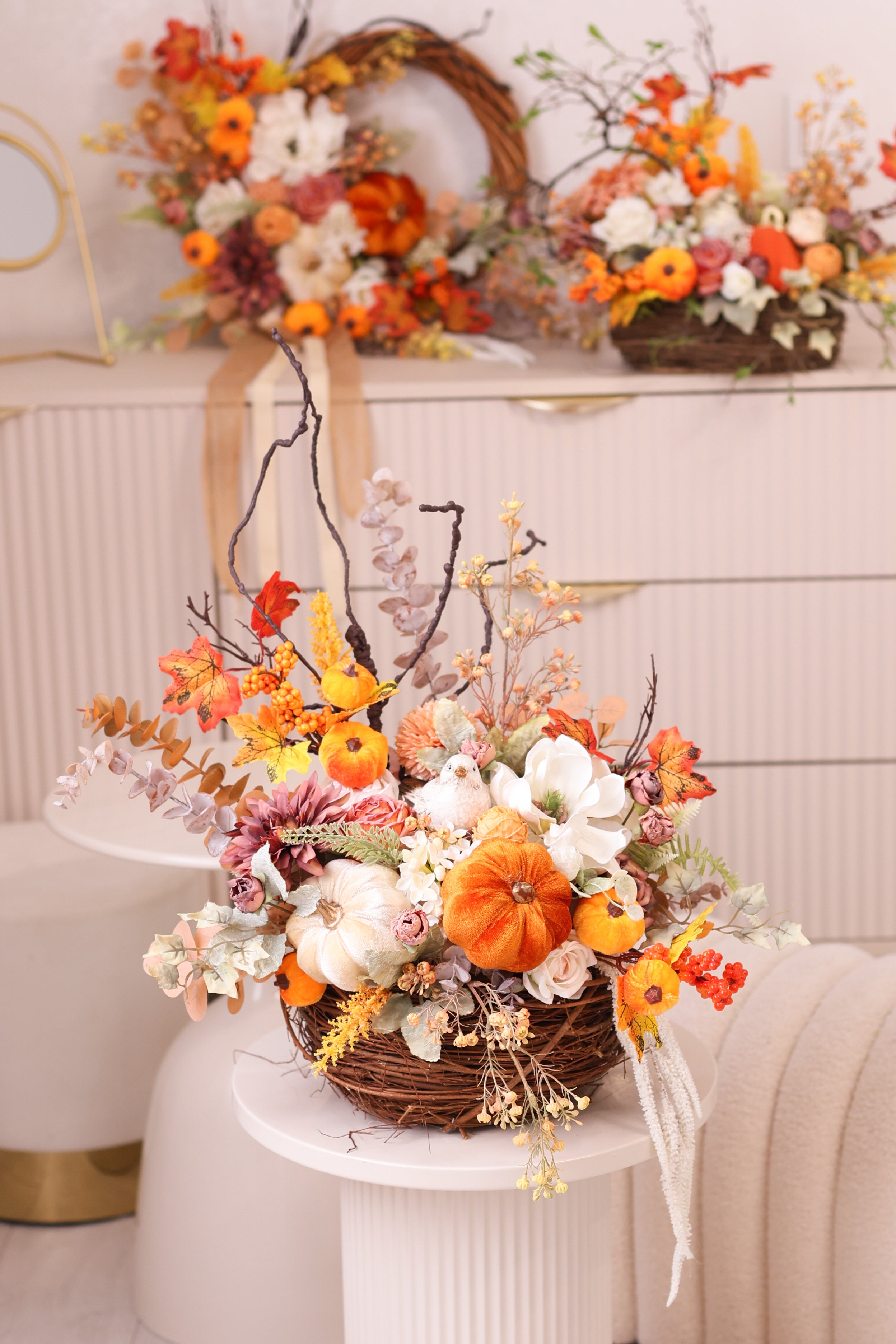 Fall Centerpiece with Pumpkins | Autumn Table Decor | Thanksgiving Floral Arrangement | Rustic Farmhouse Pumpkin Basket | Harvest Home Decor