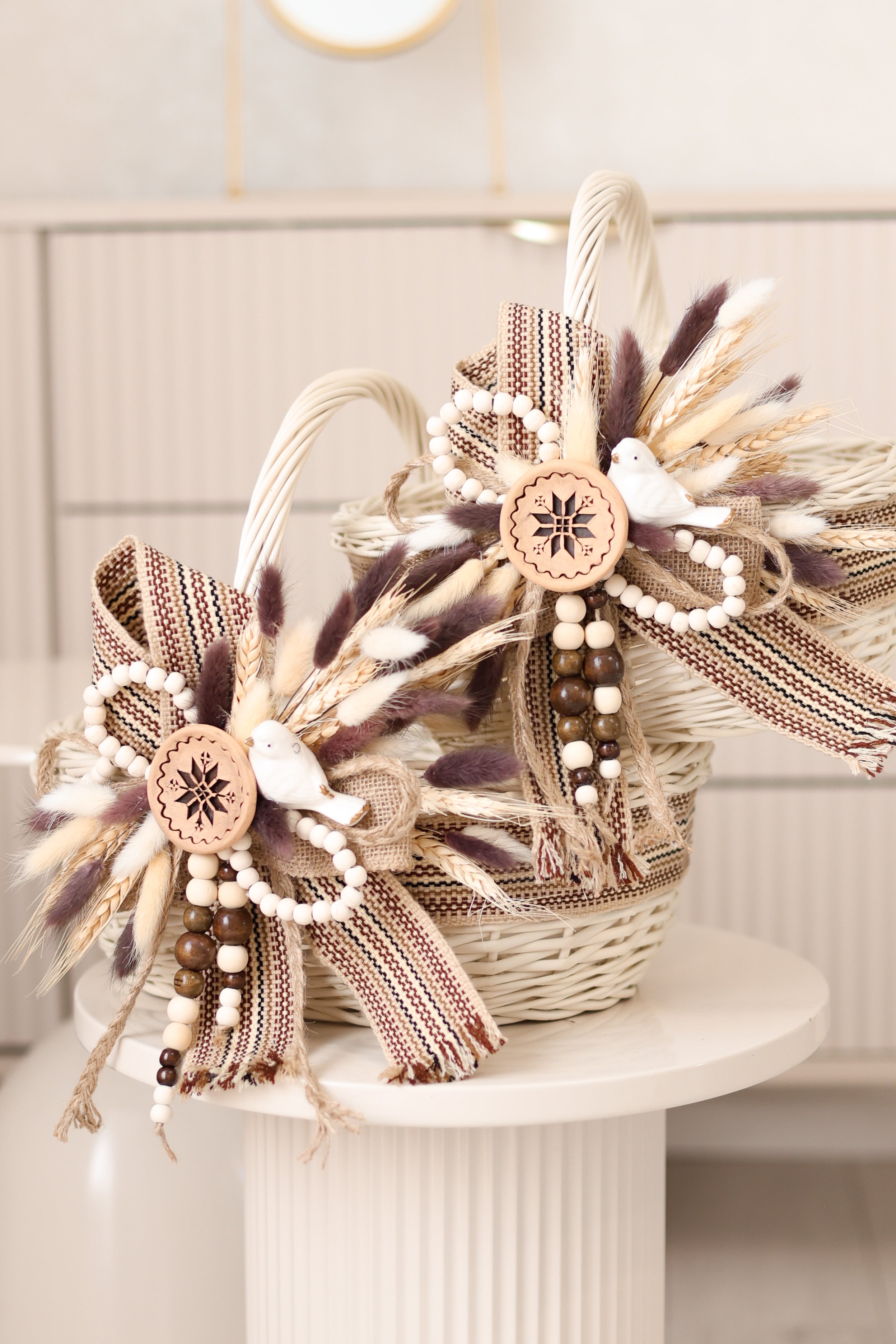 Handmade Harvest Basket | White Wicker Basket | Farmhouse Fall Decor | Rustic Centerpiece | Decorative Wicker Basket