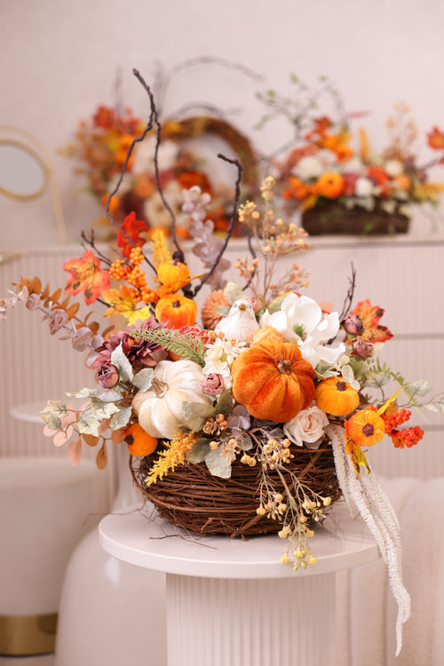 Fall Centerpiece with Pumpkins | Autumn Table Decor | Thanksgiving Floral Arrangement | Rustic Farmhouse Pumpkin Basket | Harvest Home Decor