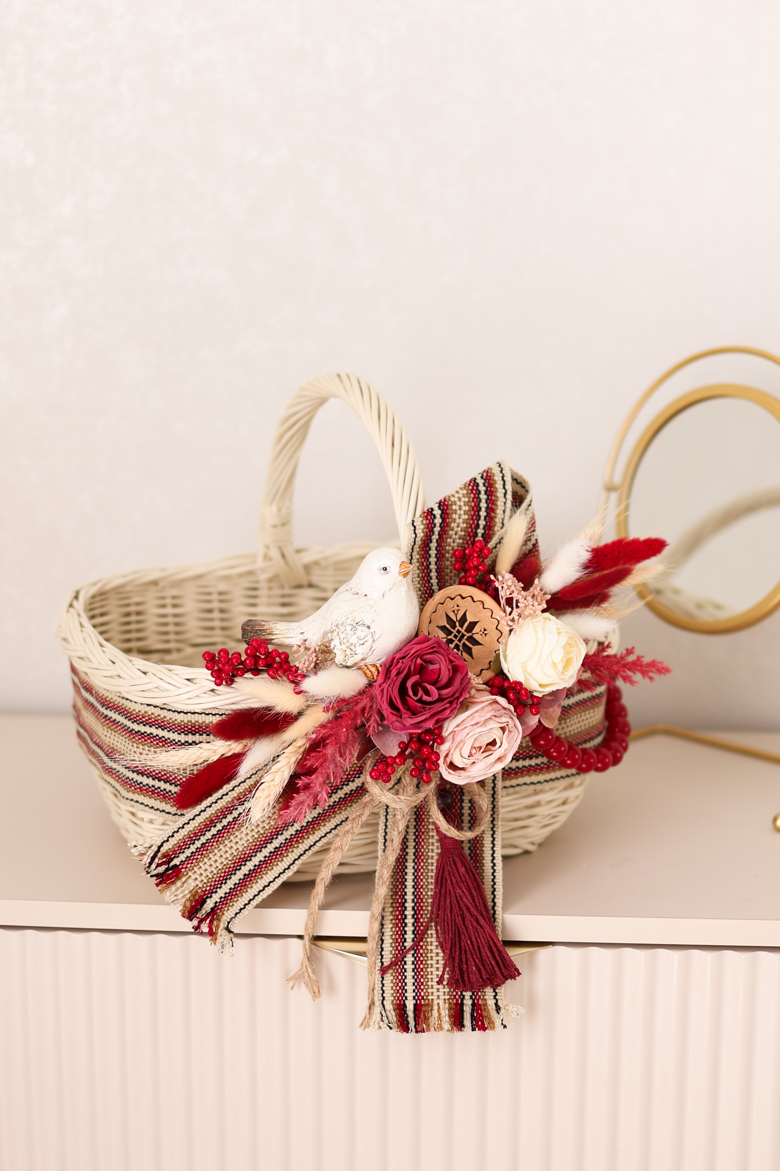 Handmade Ukrainian Easter Basket with Floral Decoration | White Wicker Basket