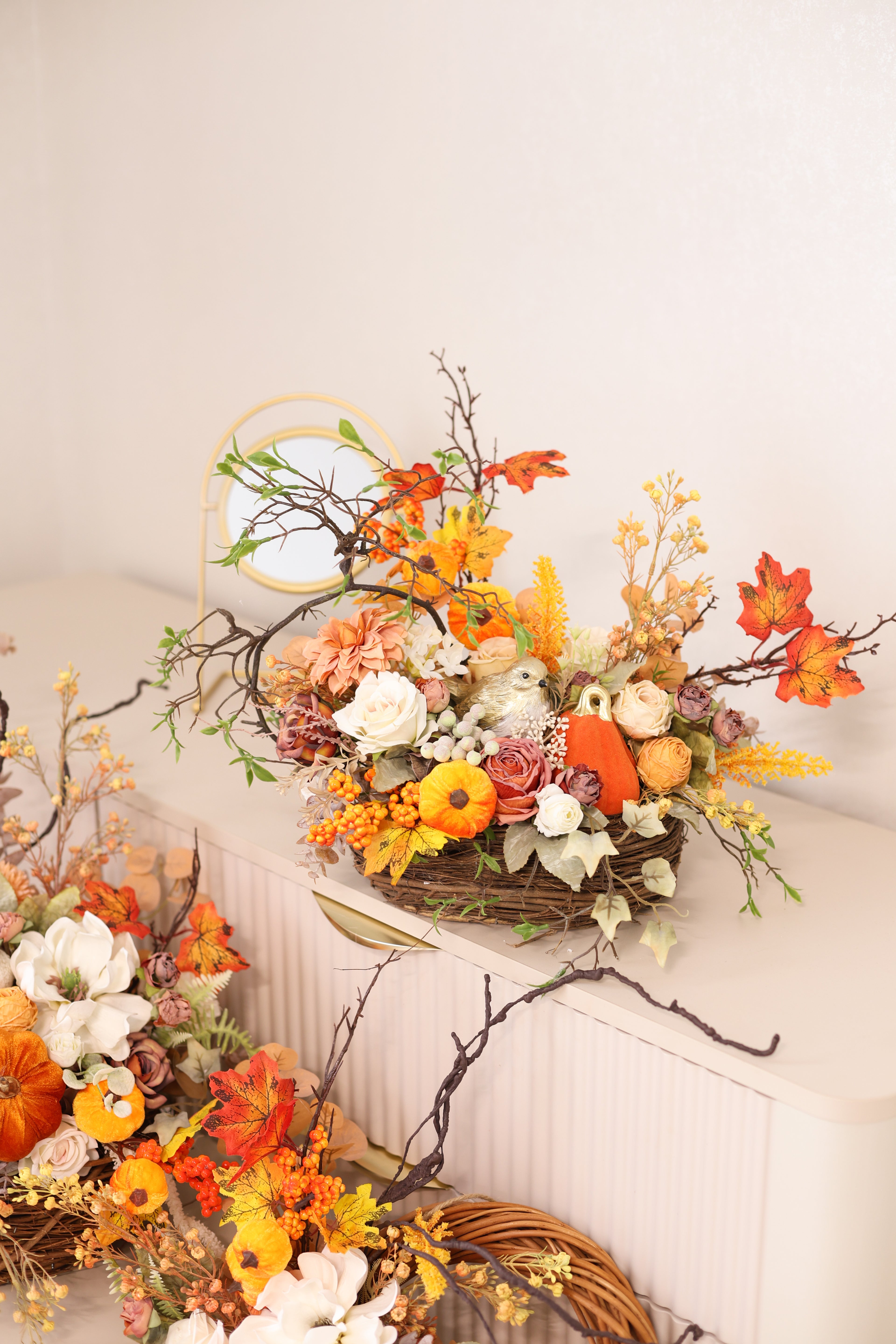 Autumn Table Decor | Thanksgiving Floral Arrangement | Rustic Farmhouse Pumpkin Basket | Harvest Home Decor