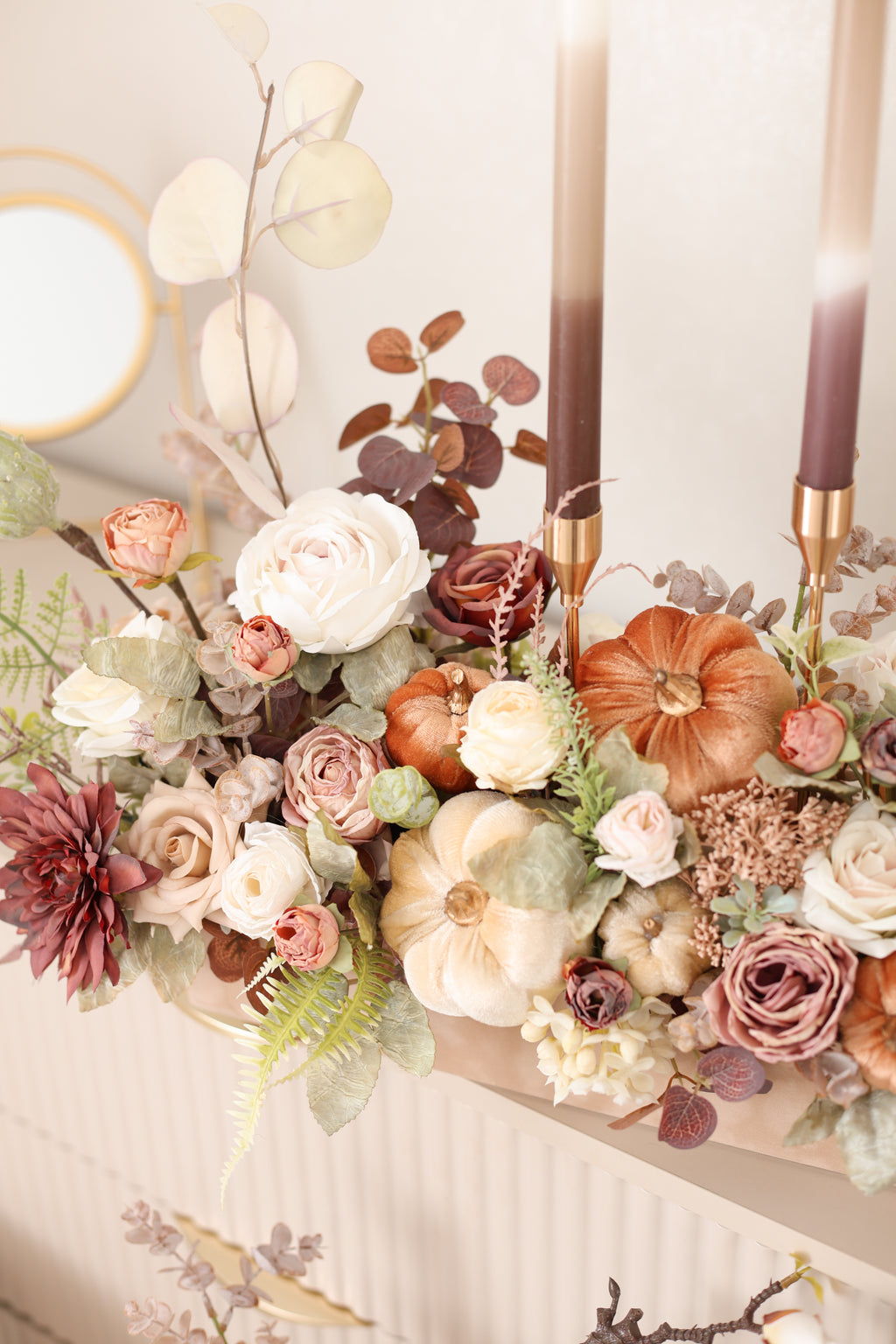 Fall Floral Centerpiece with Pumpkins & Candles, Autumn Table Arrangement, Thanksgiving Decor, Harvest Table Centerpiece, Fall Home Decor