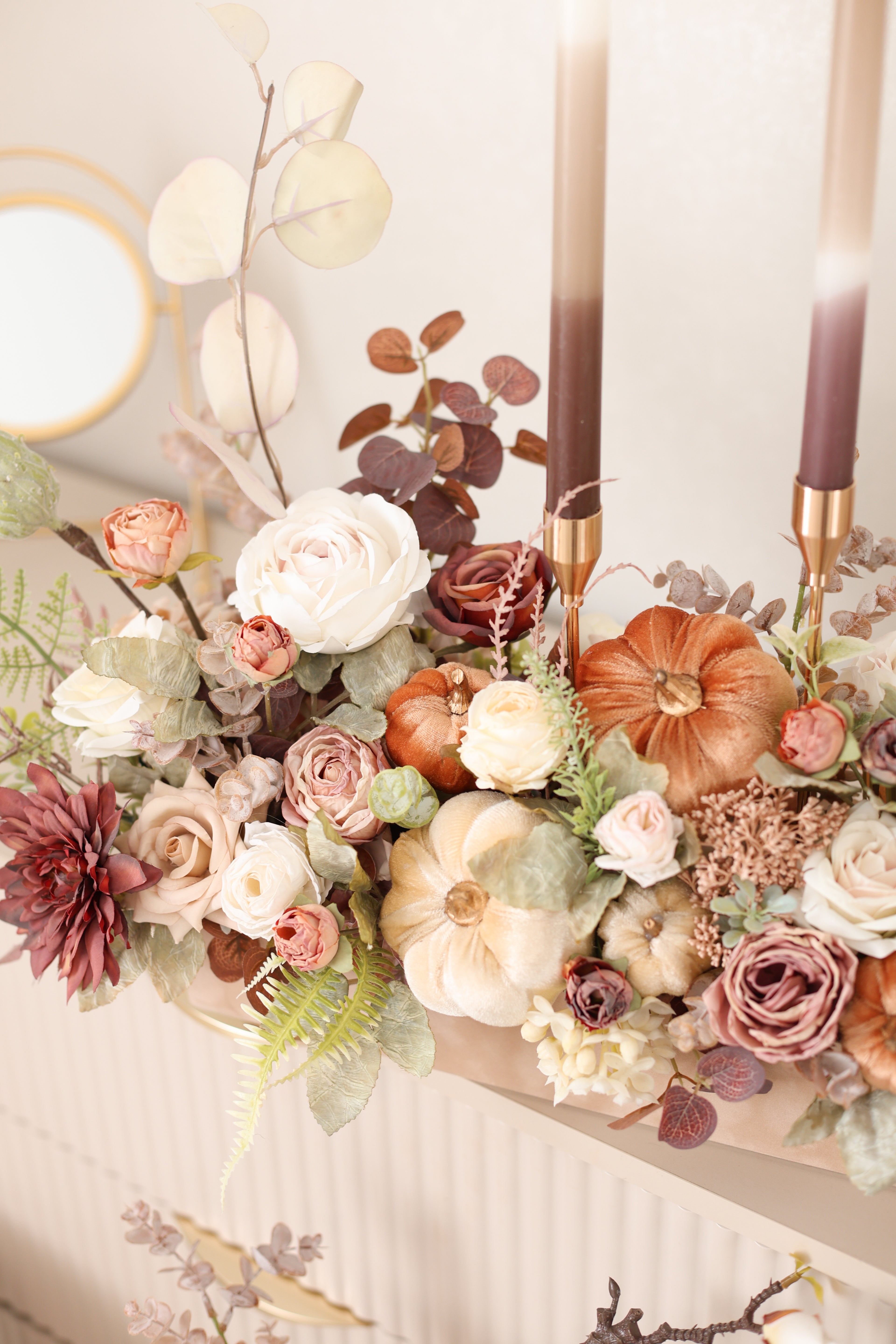 Fall Floral Centerpiece with Pumpkins & Candles, Autumn Table Arrangement, Thanksgiving Decor, Harvest Table Centerpiece, Fall Home Decor