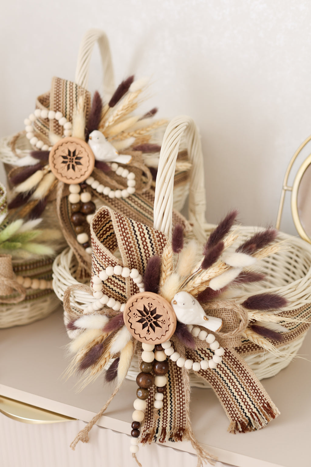 Handmade Harvest Basket | White Wicker Basket | Farmhouse Fall Decor | Rustic Centerpiece | Decorative Wicker Basket
