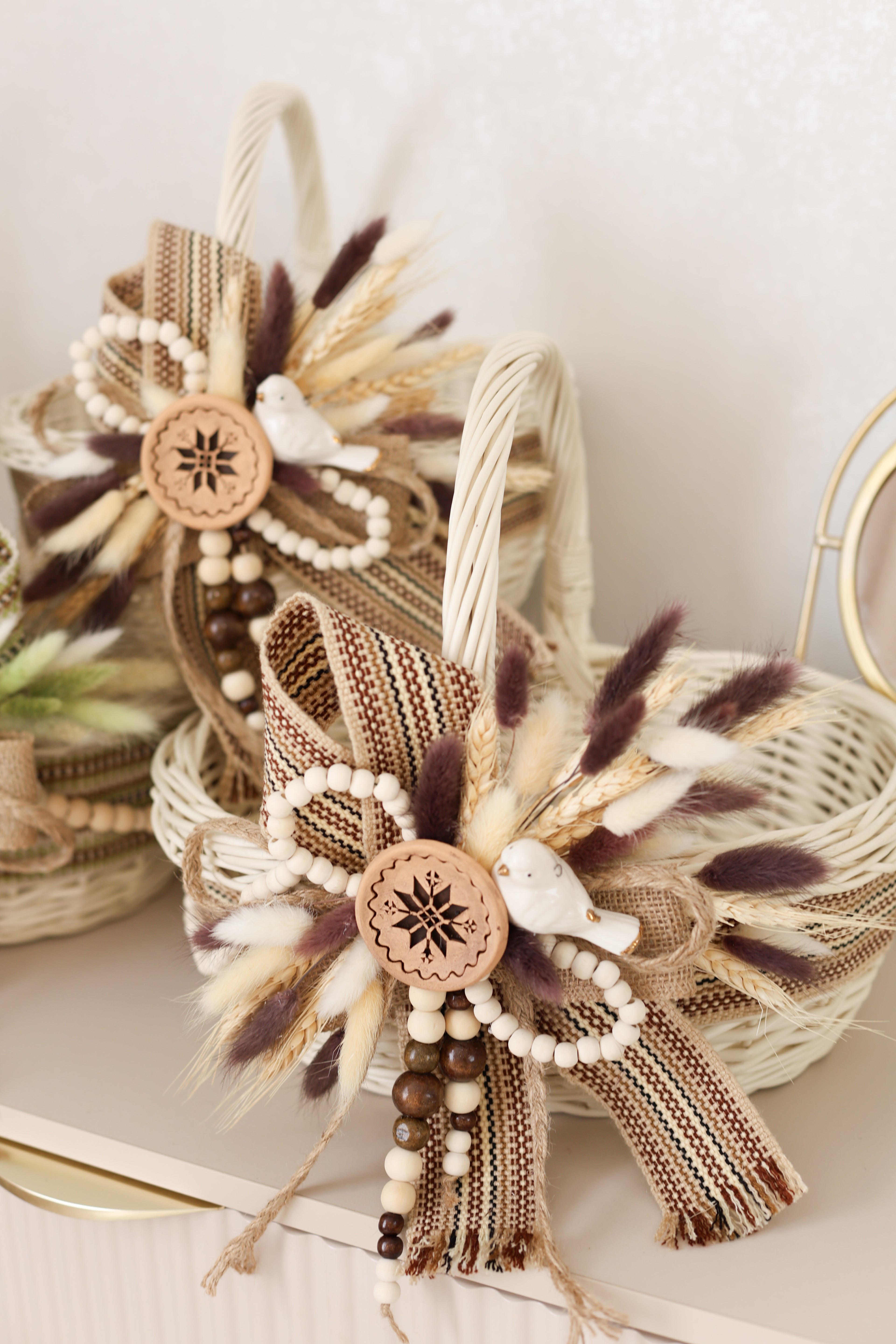 Handmade Harvest Basket | White Wicker Basket | Farmhouse Fall Decor | Rustic Centerpiece | Decorative Wicker Basket