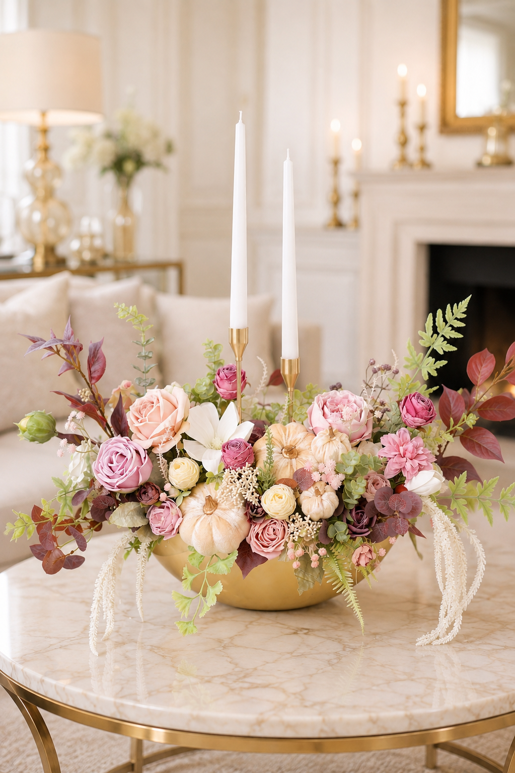 Handmade Blush & Burgundy Fall Centerpiece with Candles