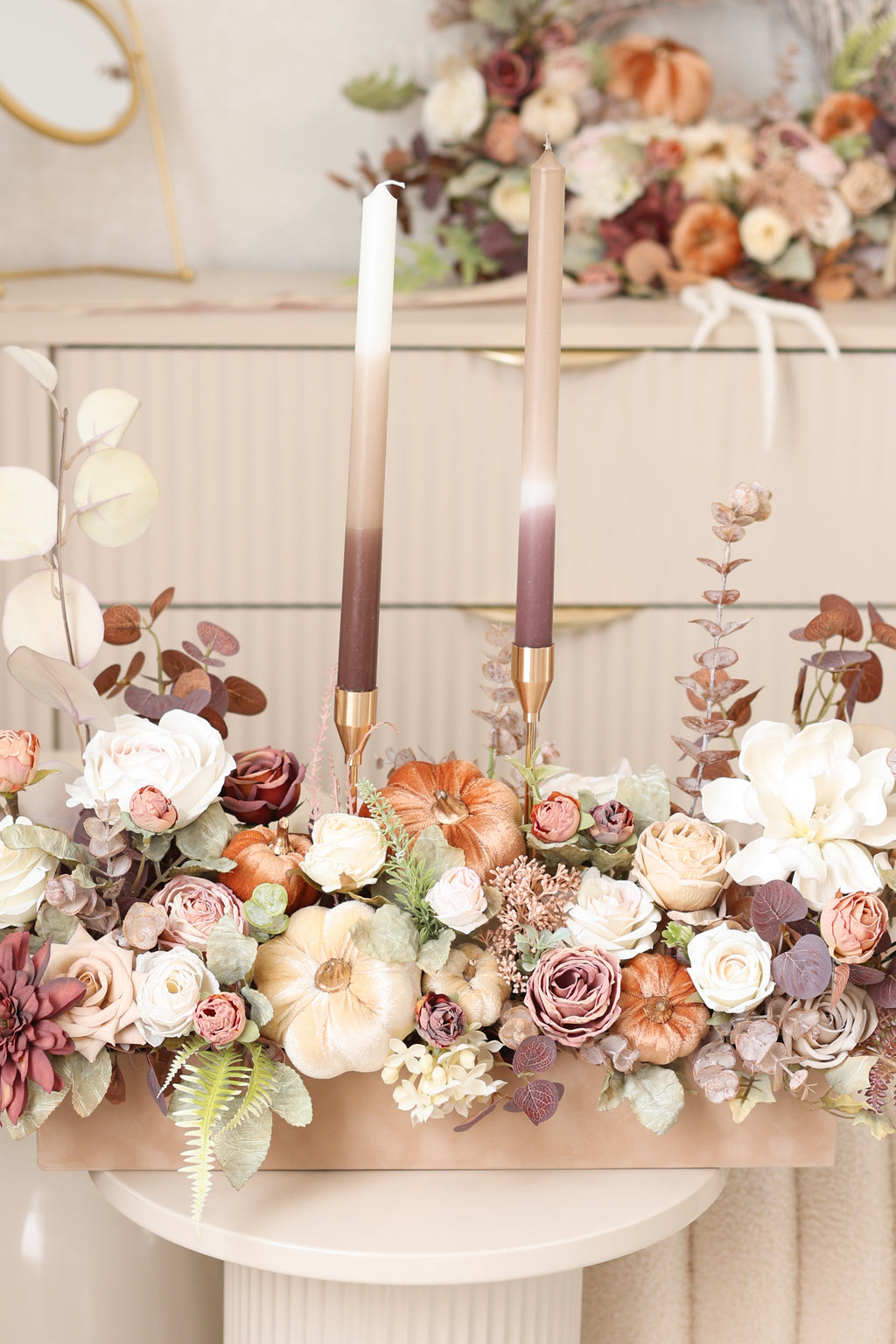 Fall Floral Centerpiece with Pumpkins & Candles, Autumn Table Arrangement, Thanksgiving Decor, Harvest Table Centerpiece, Fall Home Decor