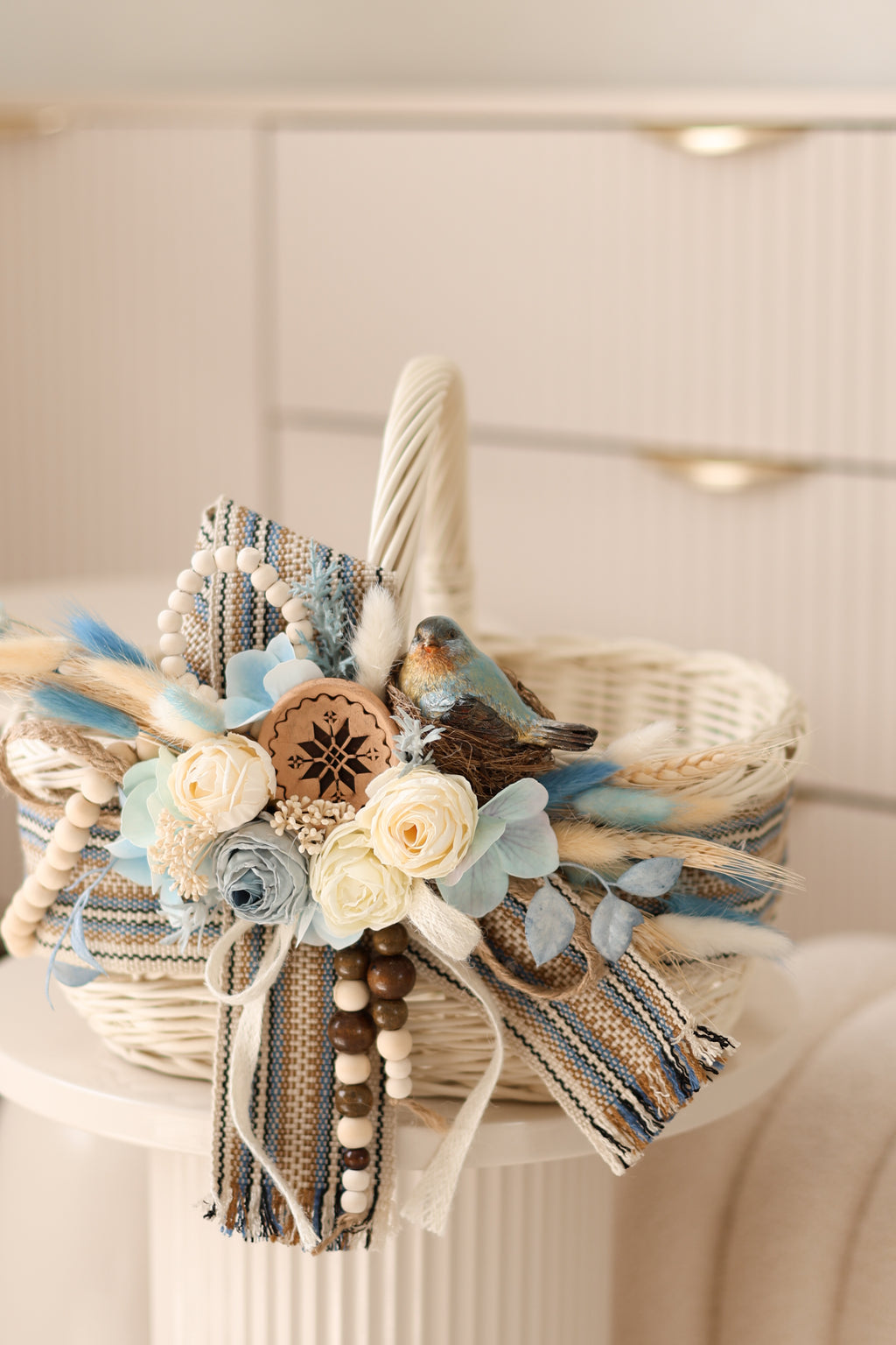 Blue Bird Easter Basket | Handmade Wicker Basket with Floral Decor