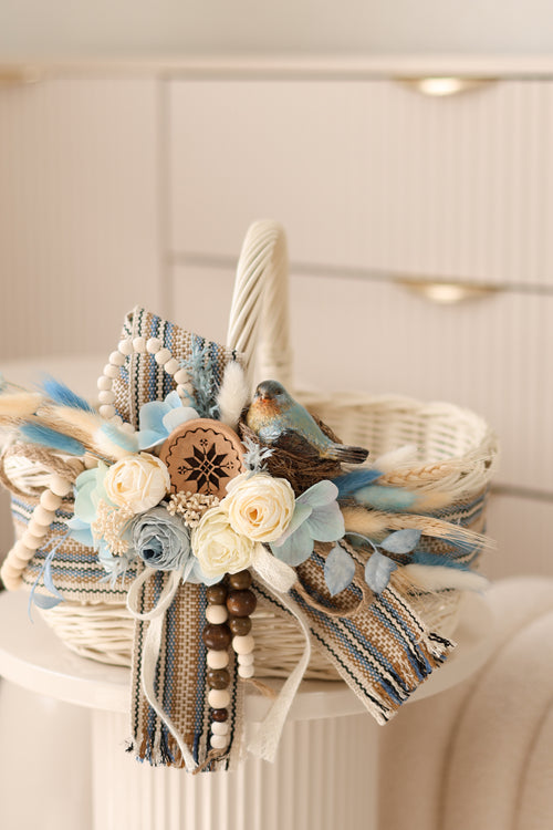 Blue Bird Easter Basket | Handmade Wicker Basket with Floral Decor