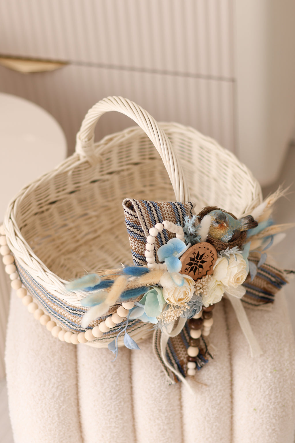 Blue Bird Easter Basket | Handmade Wicker Basket with Floral Decor