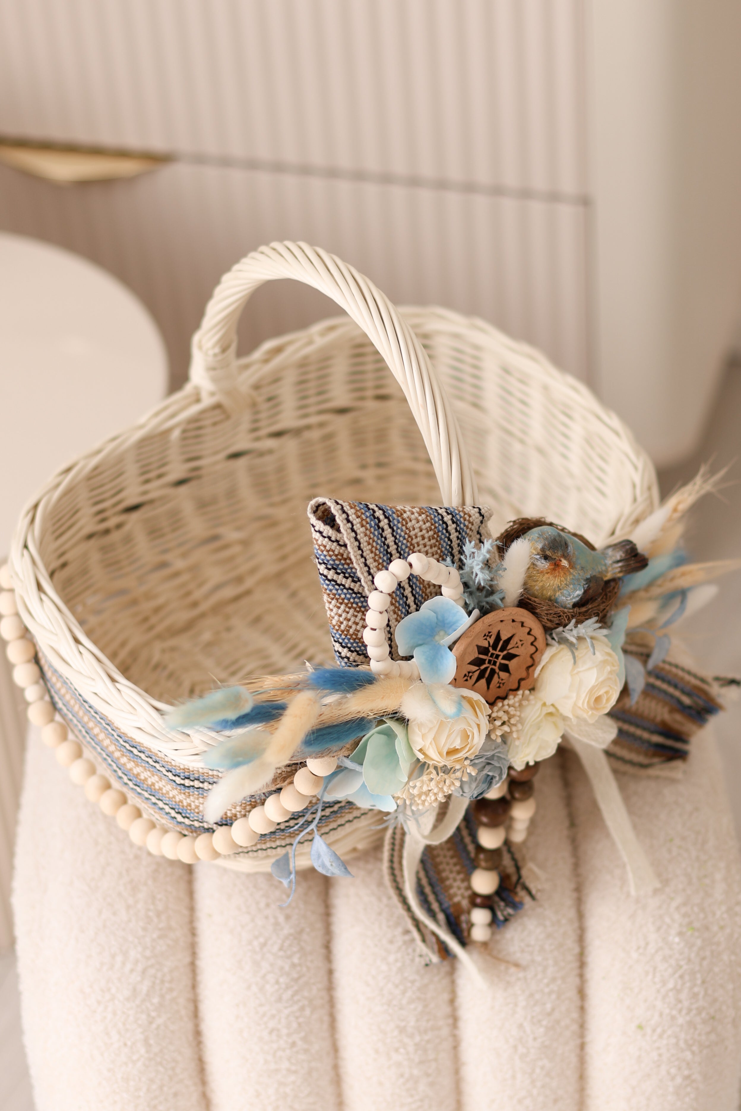 Blue Bird Easter Basket | Handmade Wicker Basket with Floral Decor