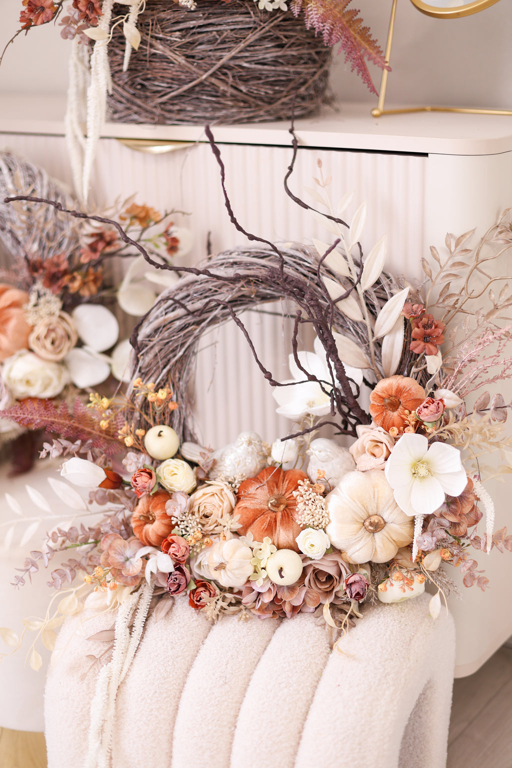 Luxury Neutral Fall Pumpkin Wreath, Handmade Autumn Front Door Wreath, Elegant Thanksgiving Decor