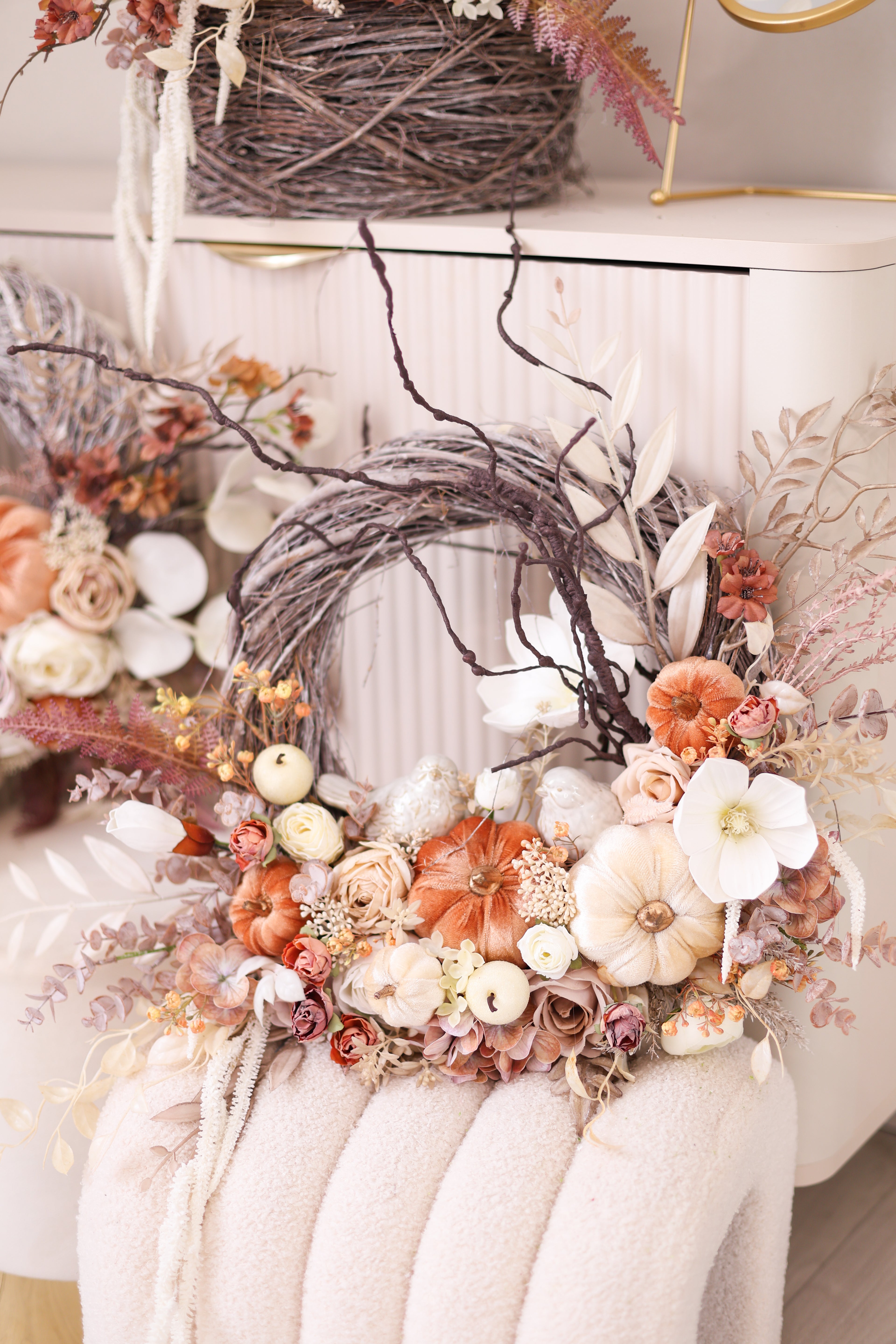 Luxury Neutral Fall Pumpkin Wreath, Handmade Autumn Front Door Wreath, Elegant Thanksgiving Decor
