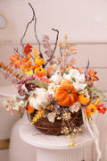 Fall Centerpiece with Pumpkins | Autumn Table Decor | Thanksgiving Floral Arrangement | Rustic Farmhouse Pumpkin Basket | Harvest Home Decor