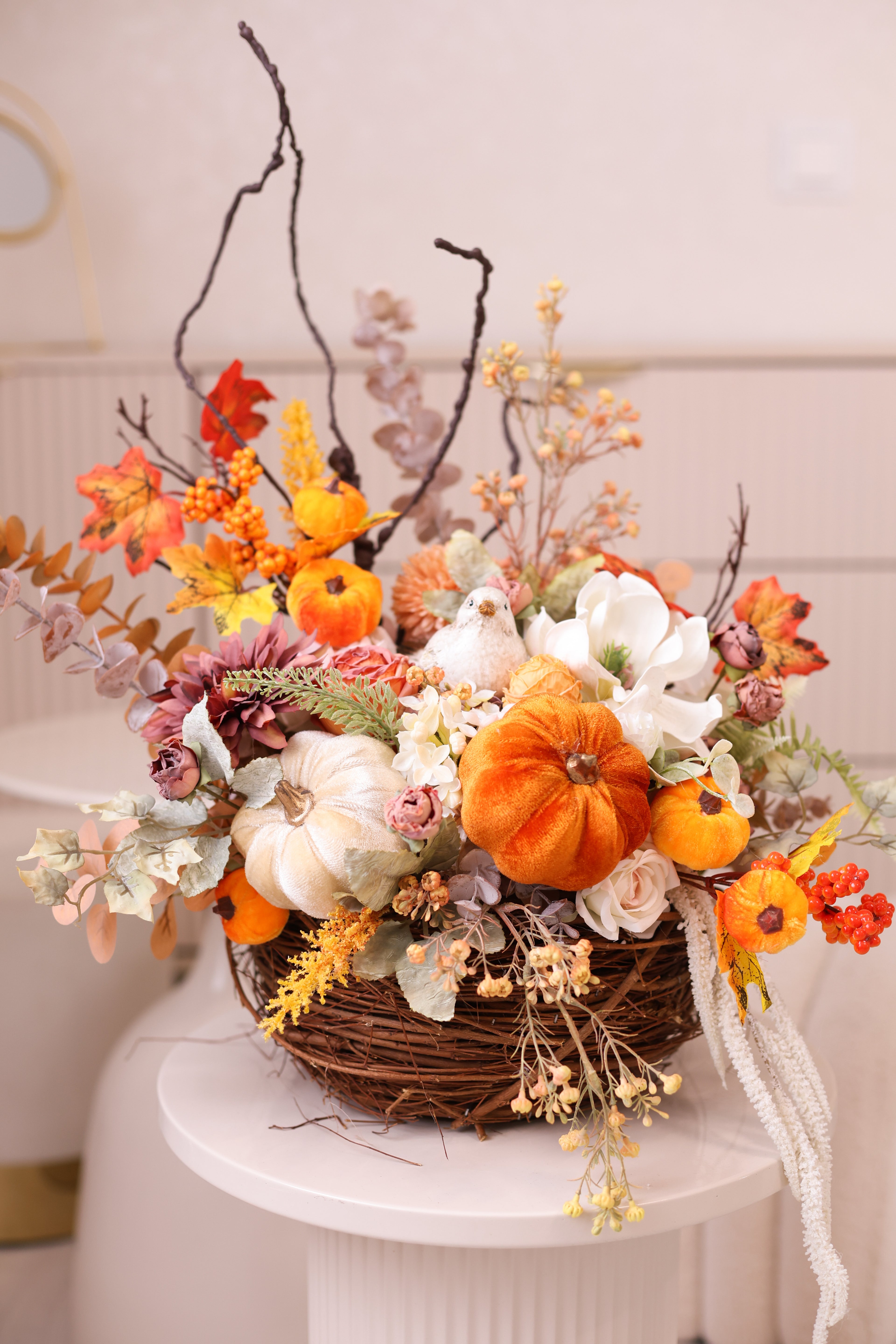Fall Centerpiece with Pumpkins | Autumn Table Decor | Thanksgiving Floral Arrangement | Rustic Farmhouse Pumpkin Basket | Harvest Home Decor