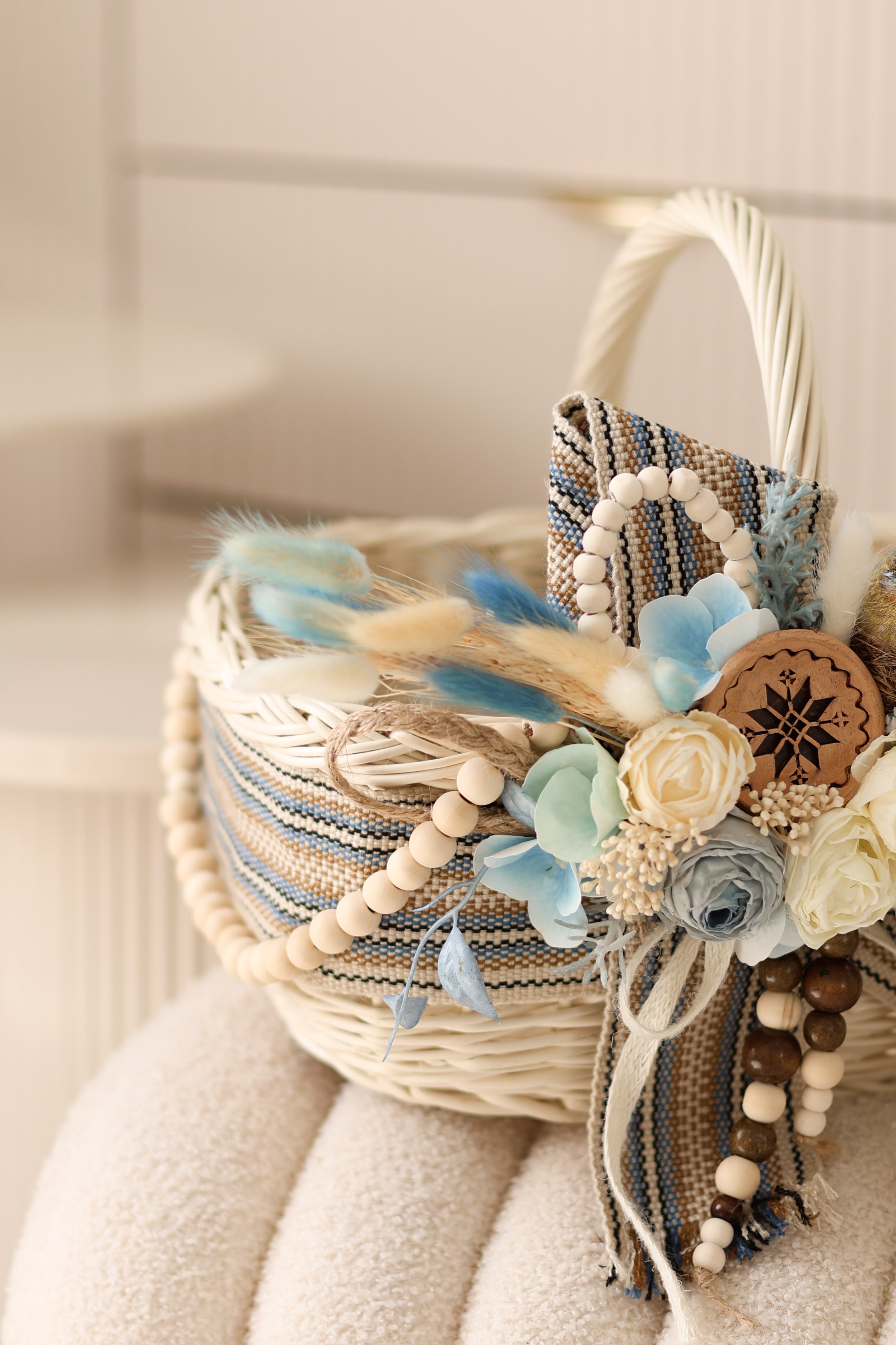 Blue Bird Easter Basket | Handmade Wicker Basket with Floral Decor