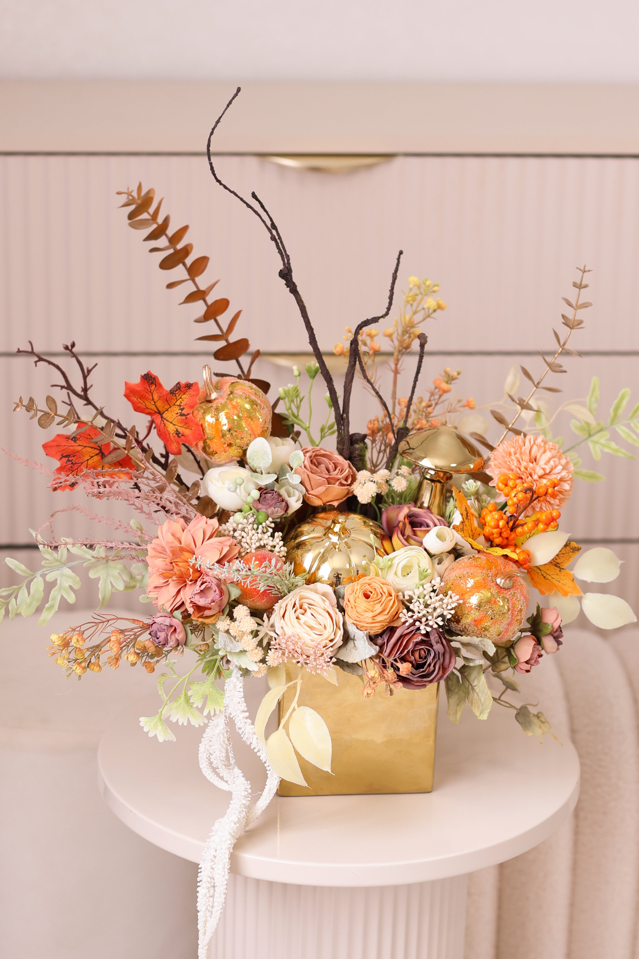 Handcrafted Autumn Floral Arrangement in Ceramic Planter | Fall Table Centerpiece | Pumpkin Decor