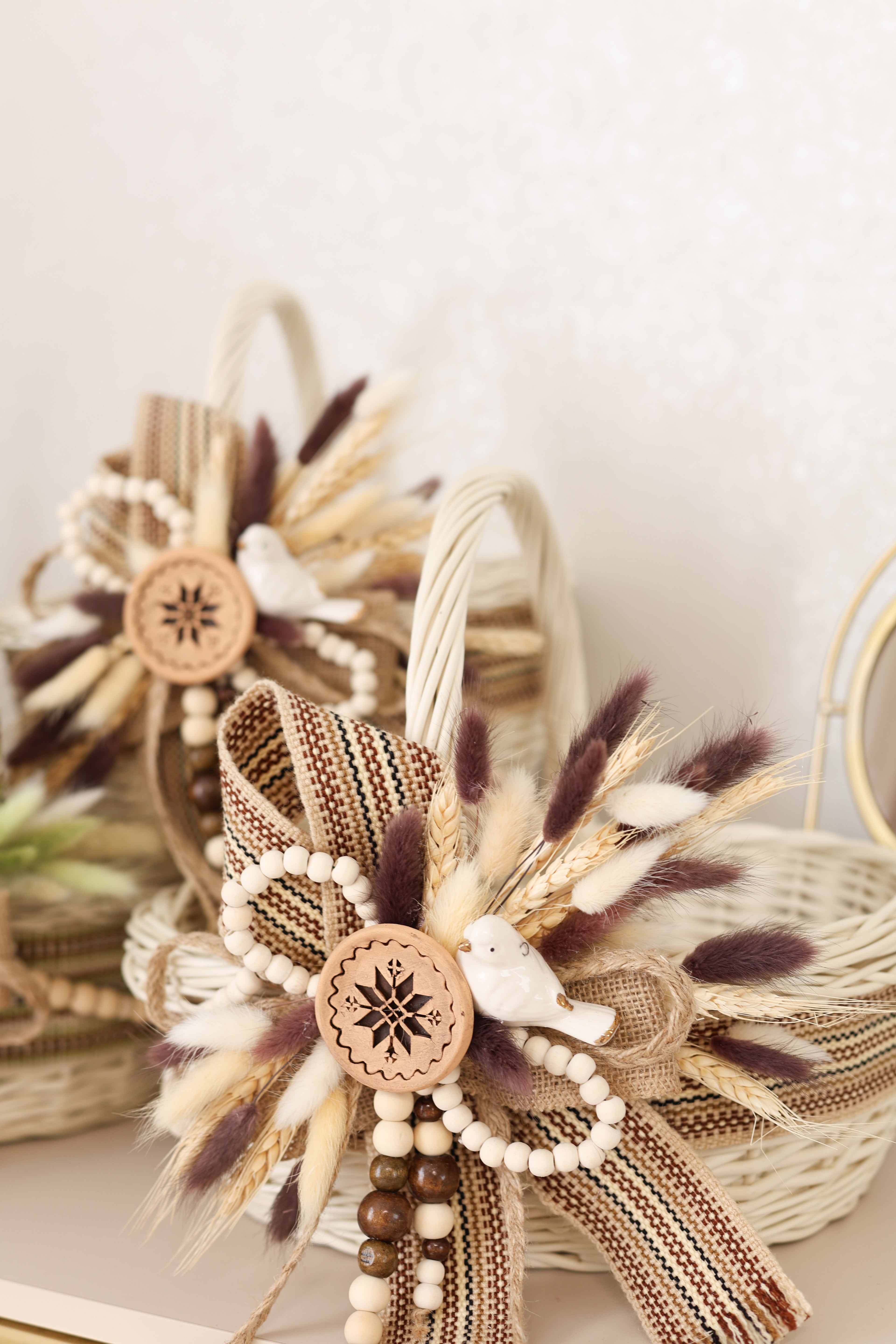 Handmade Harvest Basket | White Wicker Basket | Farmhouse Fall Decor | Rustic Centerpiece | Decorative Wicker Basket