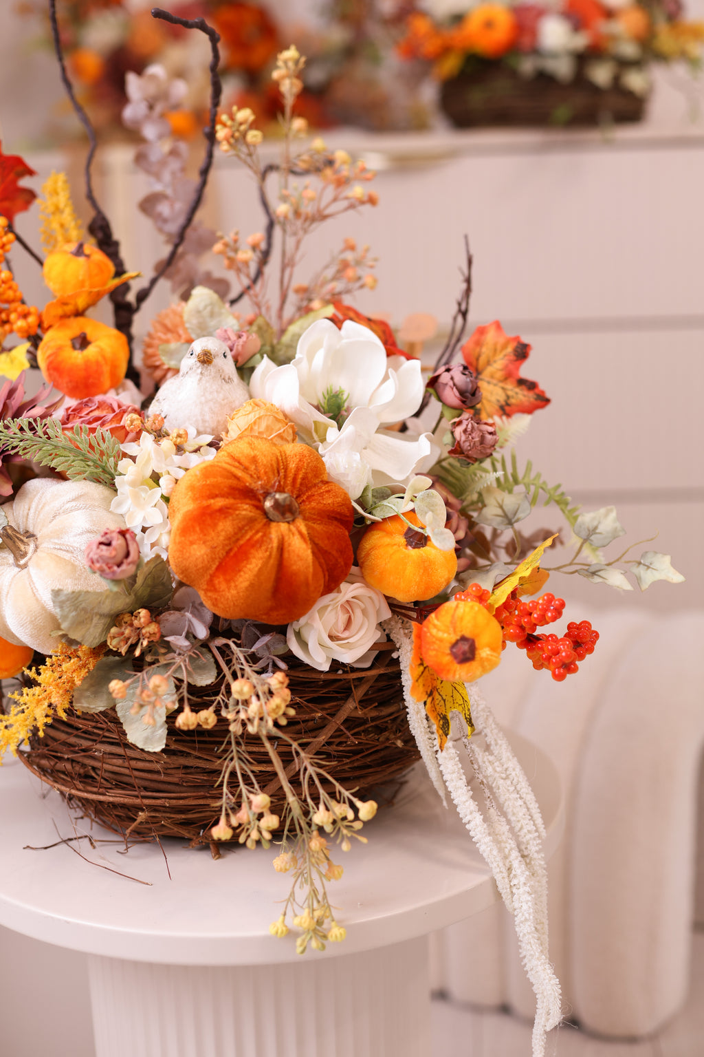 Fall Centerpiece with Pumpkins | Autumn Table Decor | Thanksgiving Floral Arrangement | Rustic Farmhouse Pumpkin Basket | Harvest Home Decor