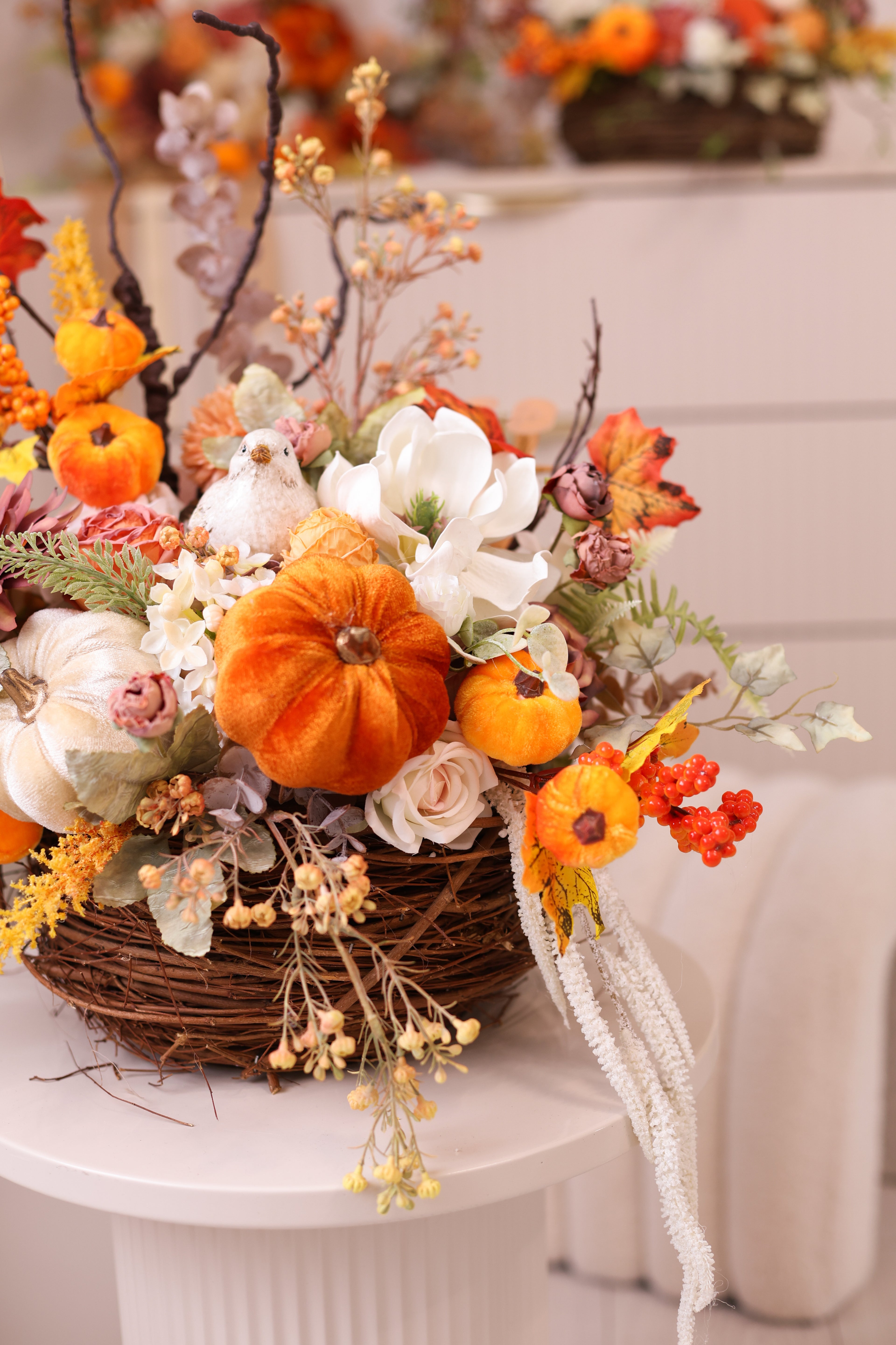 Fall Centerpiece with Pumpkins | Autumn Table Decor | Thanksgiving Floral Arrangement | Rustic Farmhouse Pumpkin Basket | Harvest Home Decor