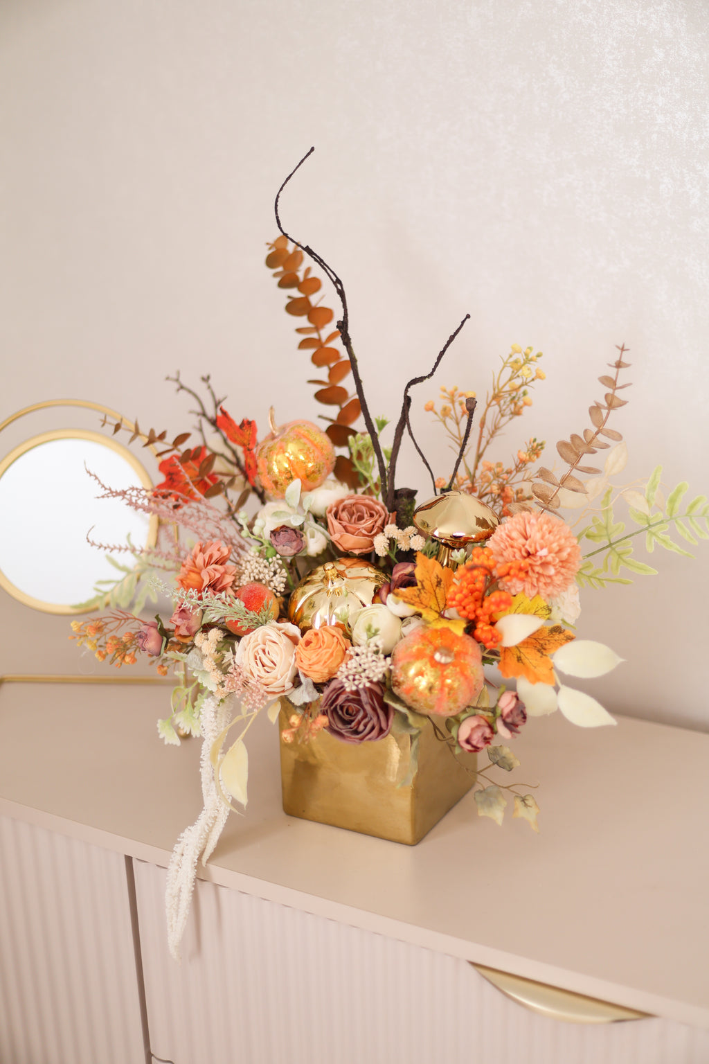 Handcrafted Autumn Floral Arrangement in Ceramic Planter | Fall Table Centerpiece | Pumpkin Decor