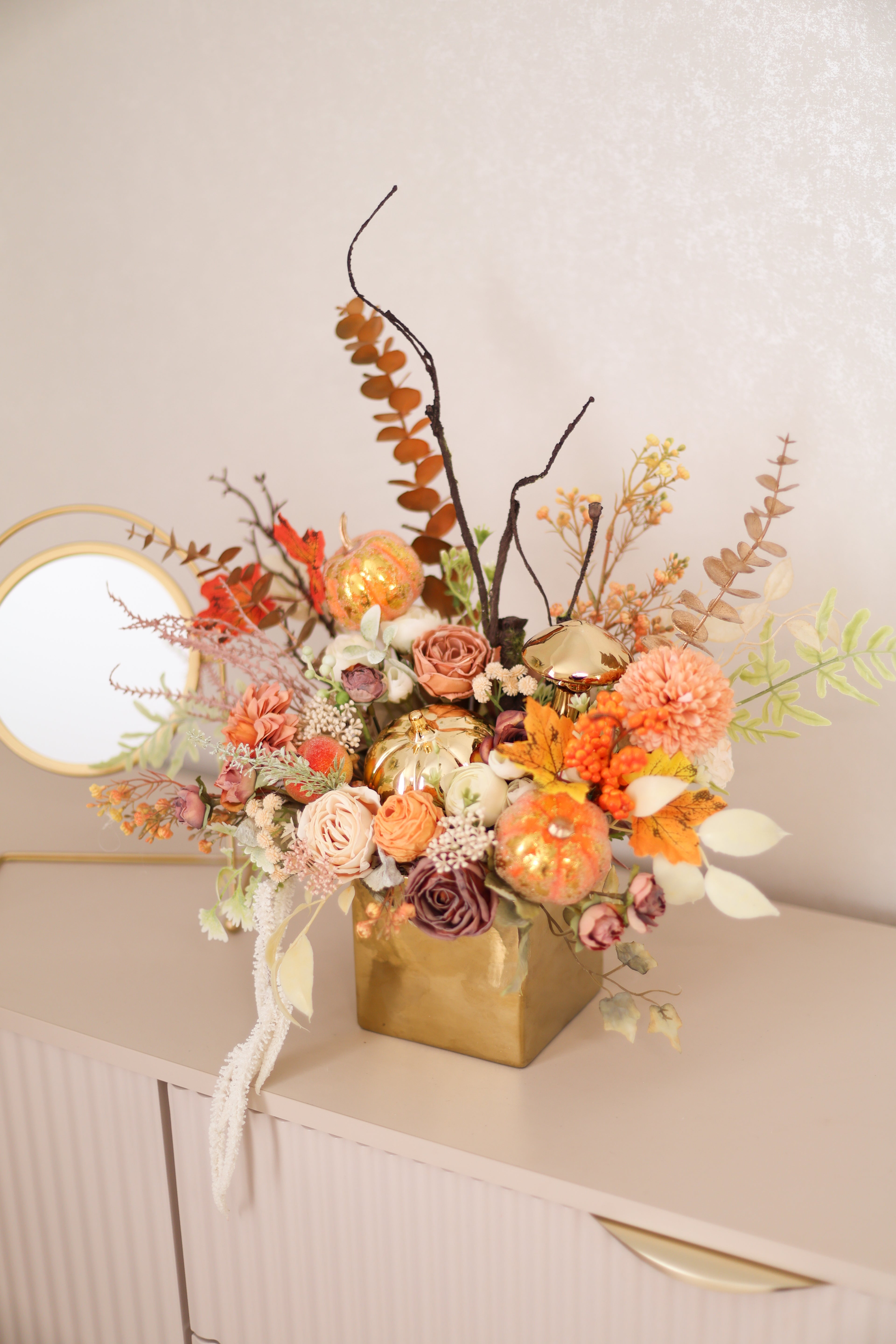 Handcrafted Autumn Floral Arrangement in Ceramic Planter | Fall Table Centerpiece | Pumpkin Decor