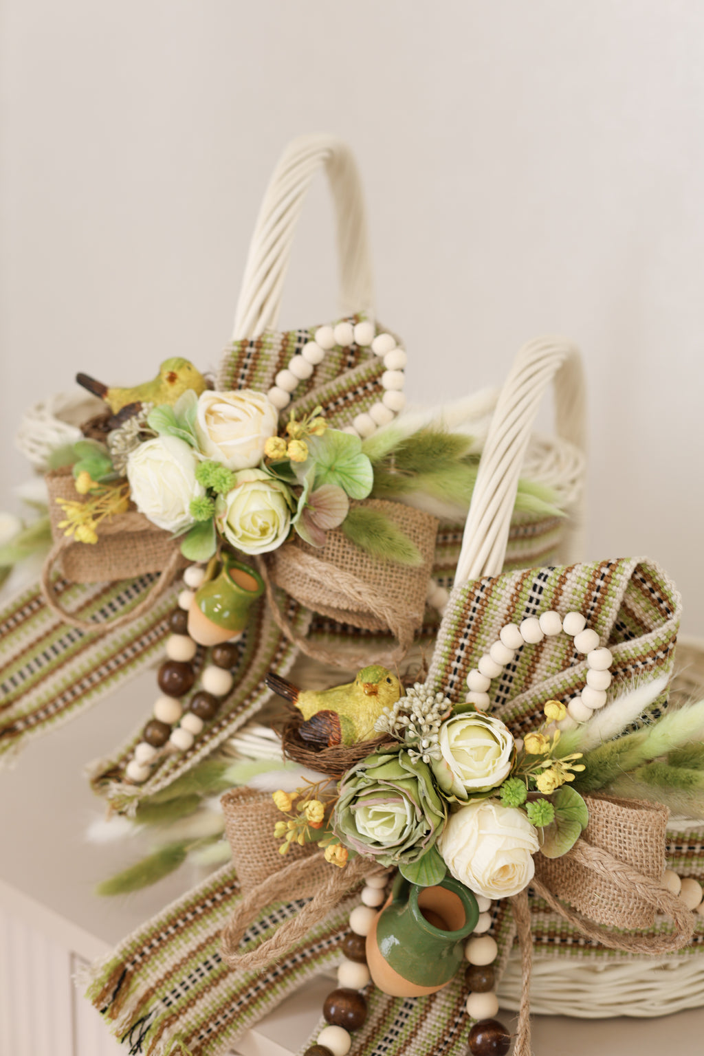 Handmade Harvest Basket | White Wicker Basket | Farmhouse Fall Decor | Rustic Centerpiece | Decorative Wicker Basket | Green Decor