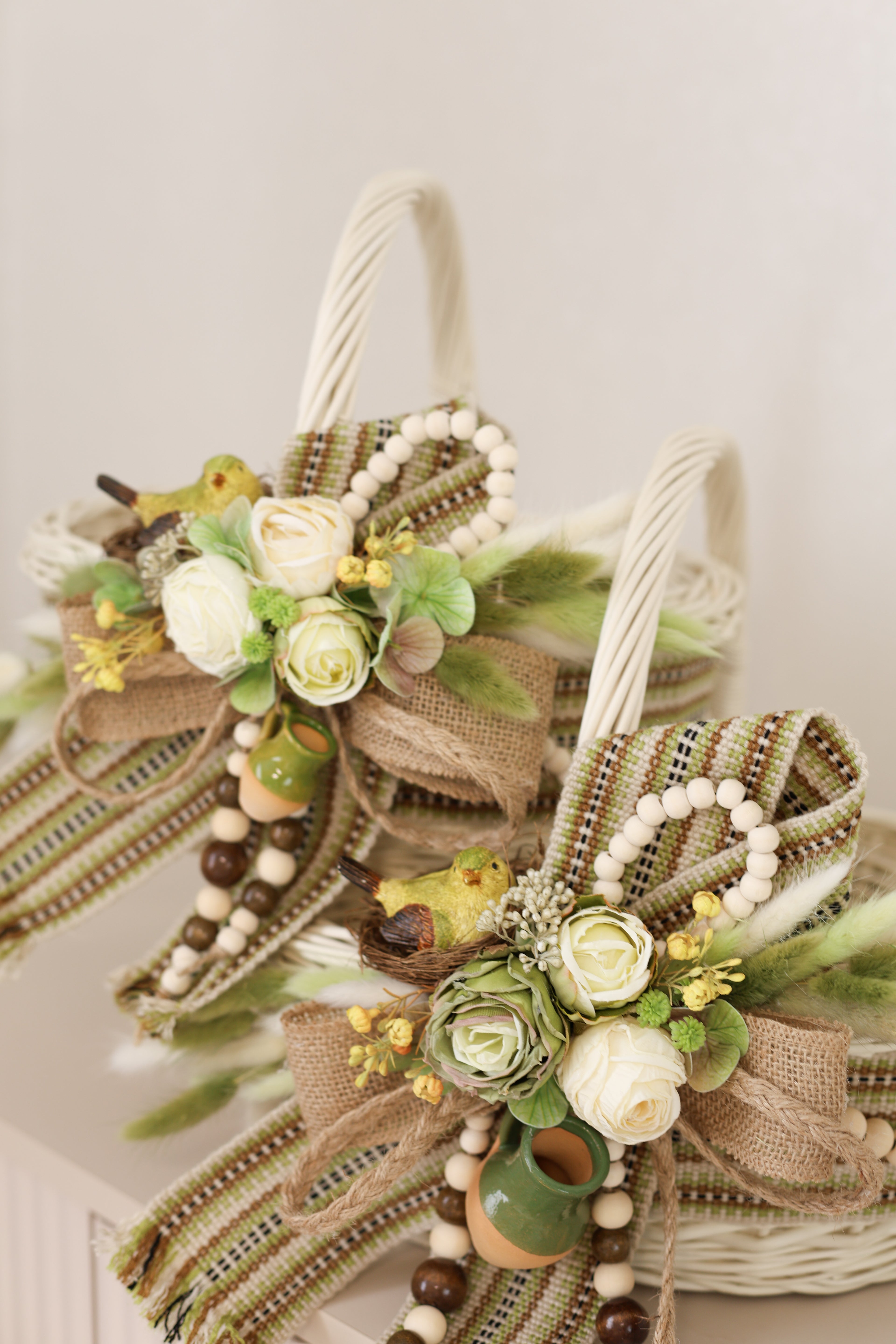 Handmade Harvest Basket | White Wicker Basket | Farmhouse Fall Decor | Rustic Centerpiece | Decorative Wicker Basket | Green Decor