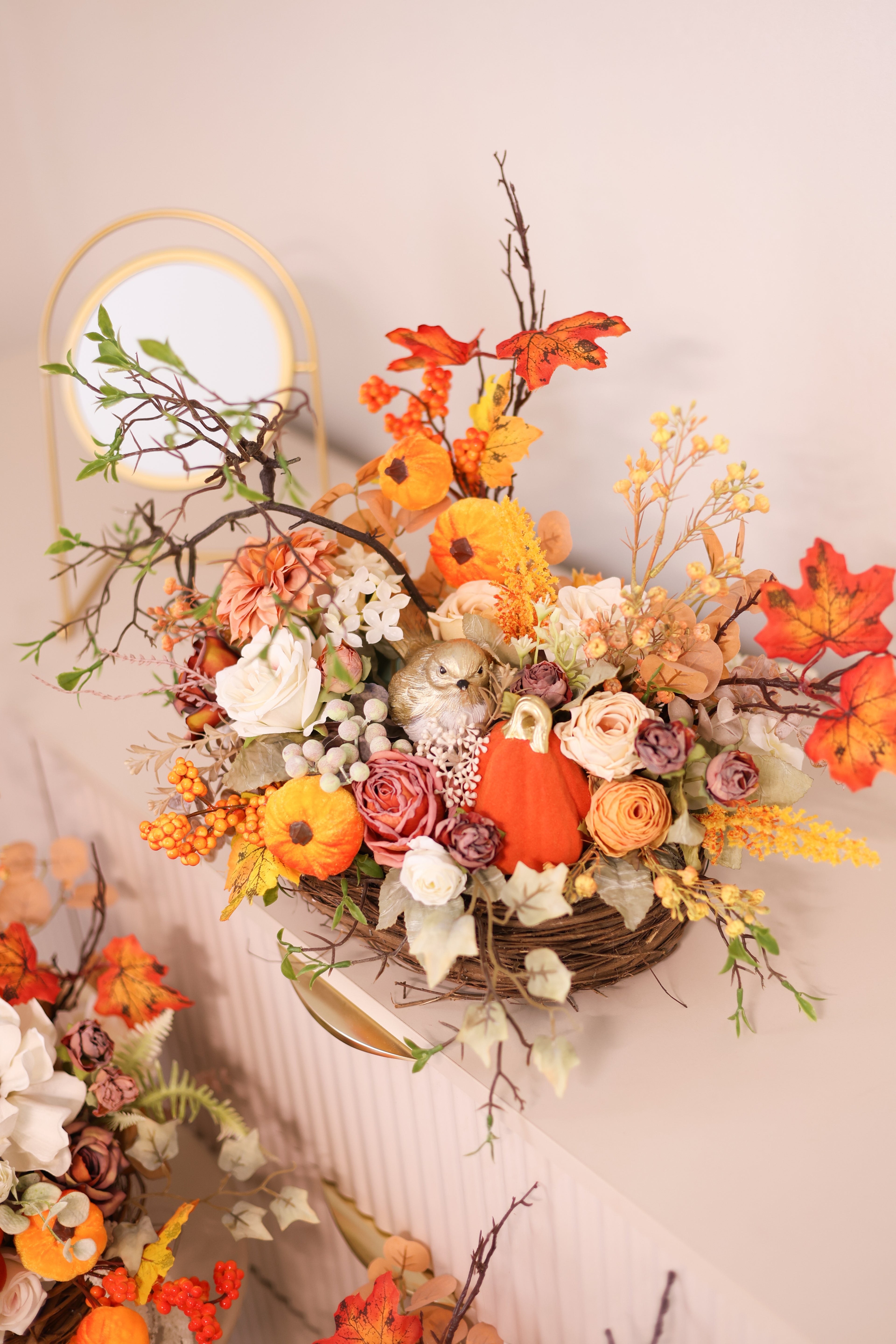 Autumn Table Decor | Thanksgiving Floral Arrangement | Rustic Farmhouse Pumpkin Basket | Harvest Home Decor