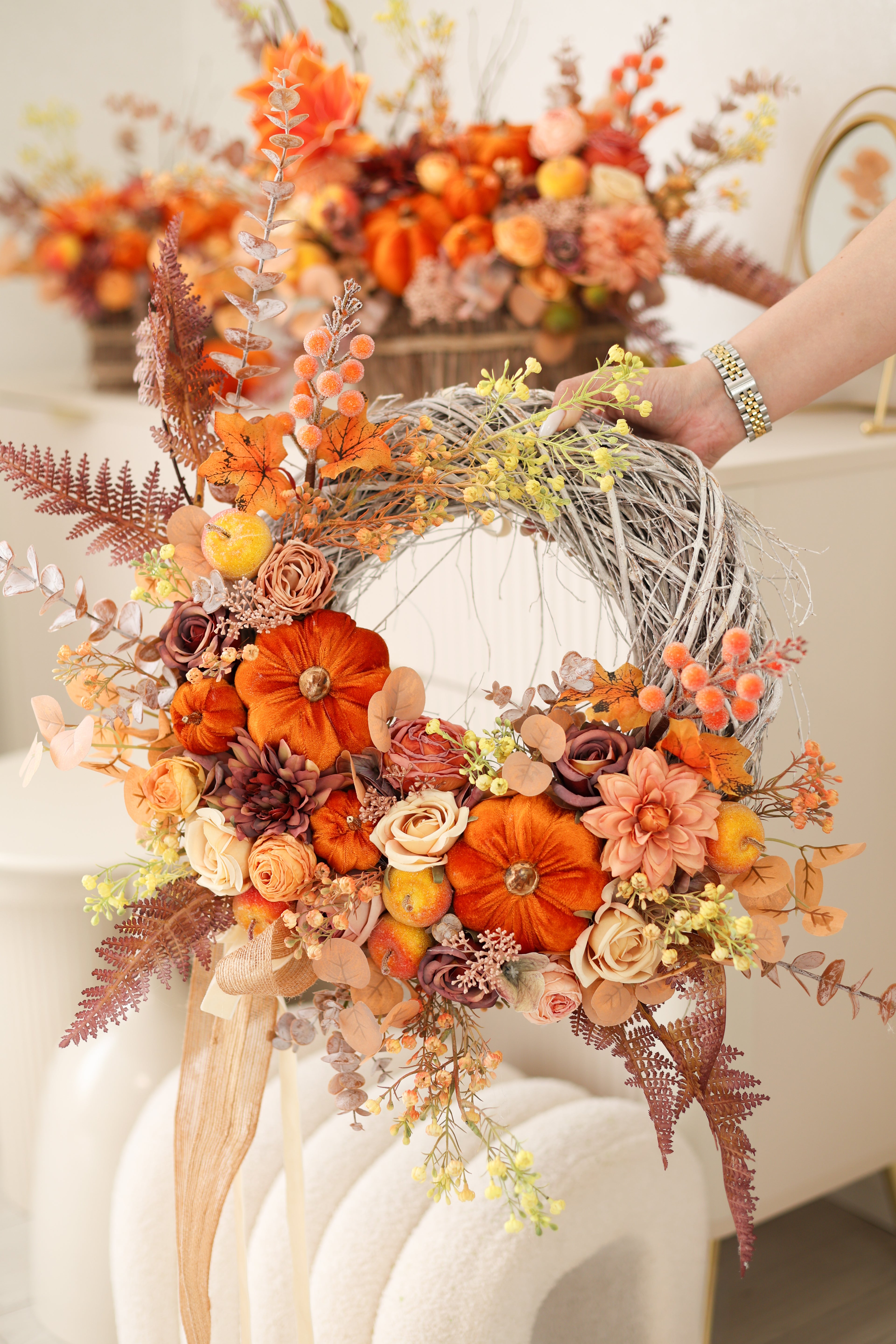 Luxury Fall Wreath, Pumpkin Autumn Wreath, Handmade Front Door Wreath, Thanksgiving Decor, Farmhouse Door Decor