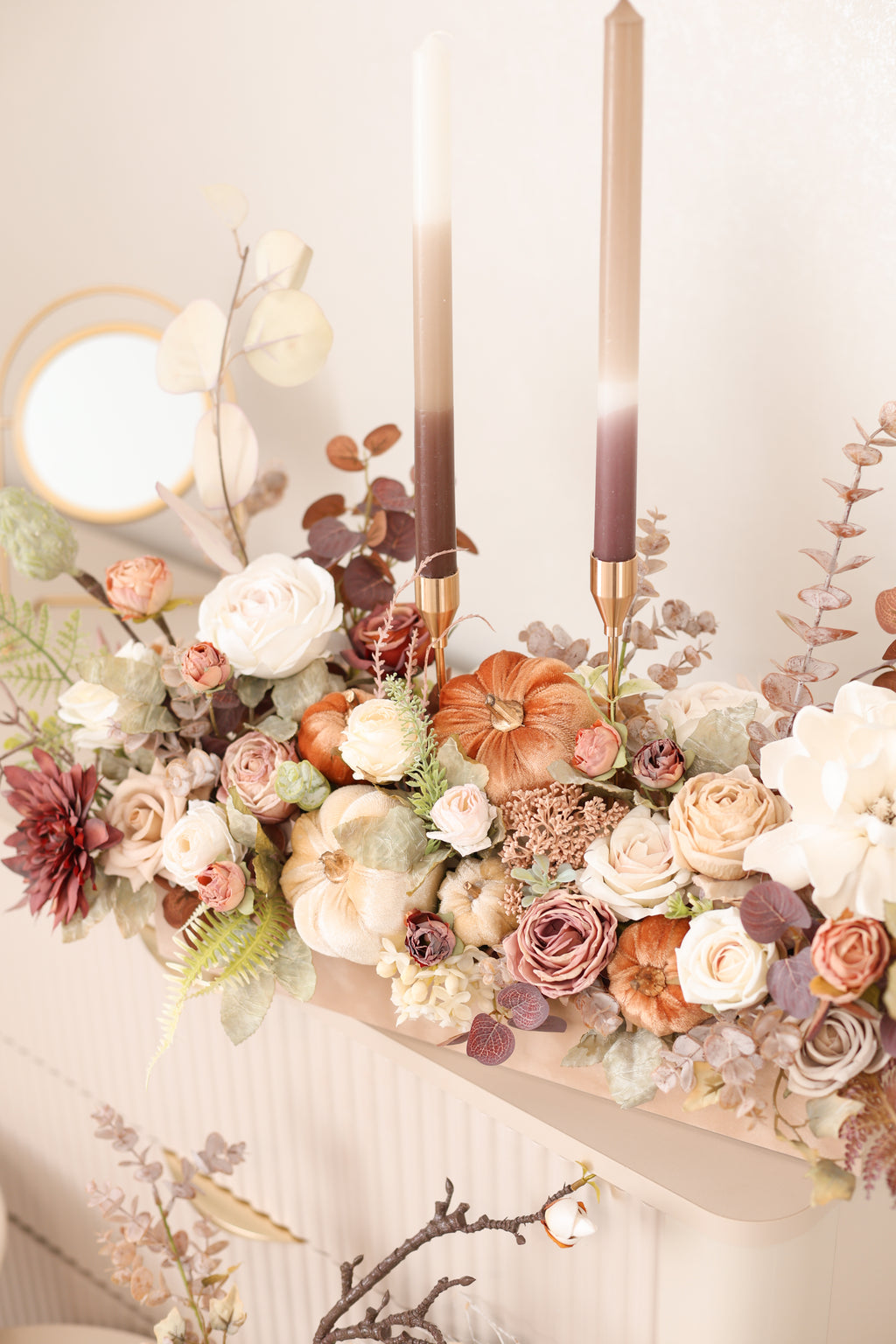 Fall Floral Centerpiece with Pumpkins & Candles, Autumn Table Arrangement, Thanksgiving Decor, Harvest Table Centerpiece, Fall Home Decor