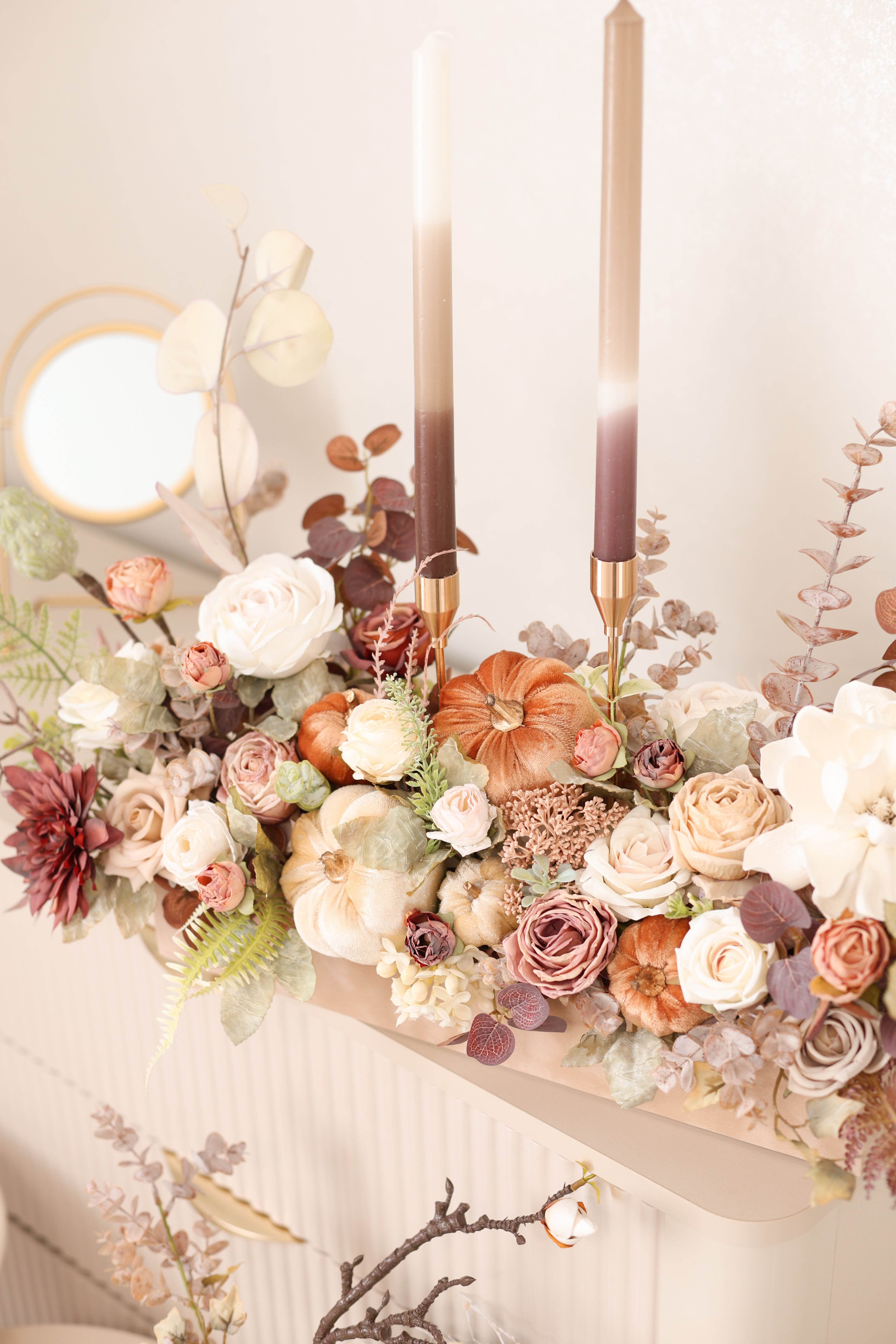Fall Floral Centerpiece with Pumpkins & Candles, Autumn Table Arrangement, Thanksgiving Decor, Harvest Table Centerpiece, Fall Home Decor