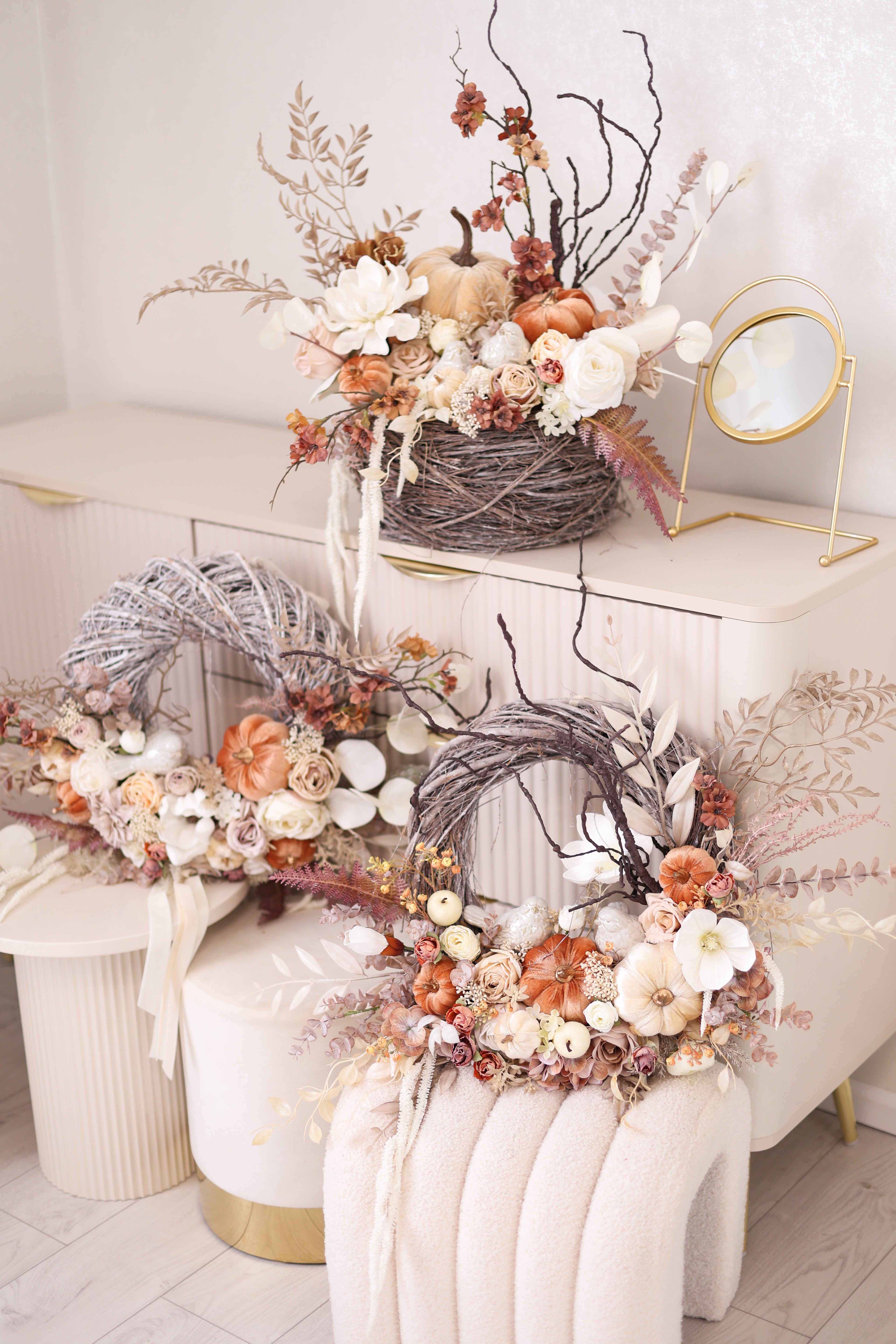 Luxury Neutral Fall Pumpkin Wreath, Handmade Autumn Front Door Wreath, Elegant Thanksgiving Decor