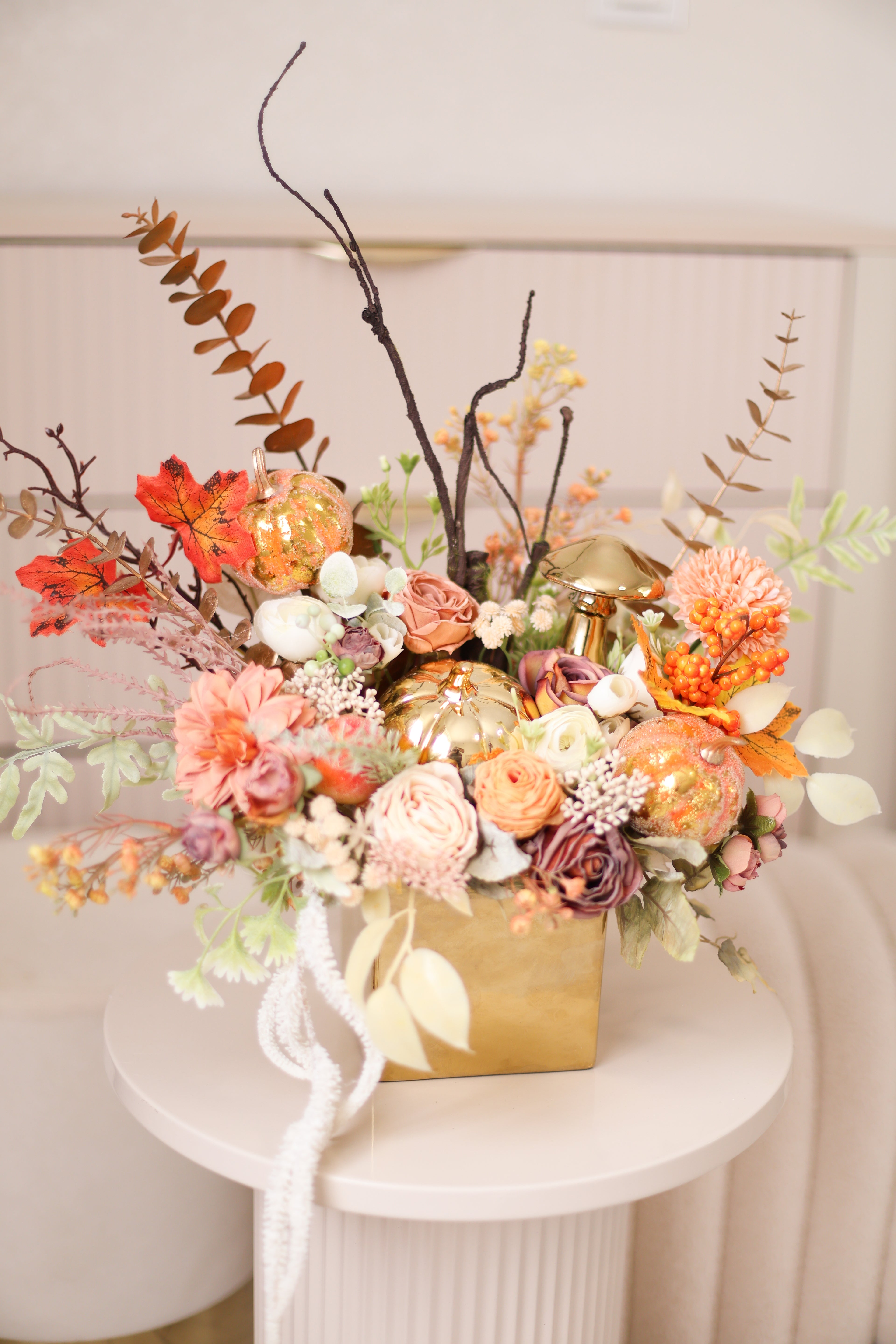 Handcrafted Autumn Floral Arrangement in Ceramic Planter | Fall Table Centerpiece | Pumpkin Decor