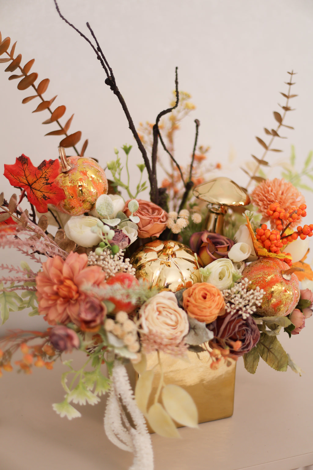 Handcrafted Autumn Floral Arrangement in Ceramic Planter | Fall Table Centerpiece | Pumpkin Decor