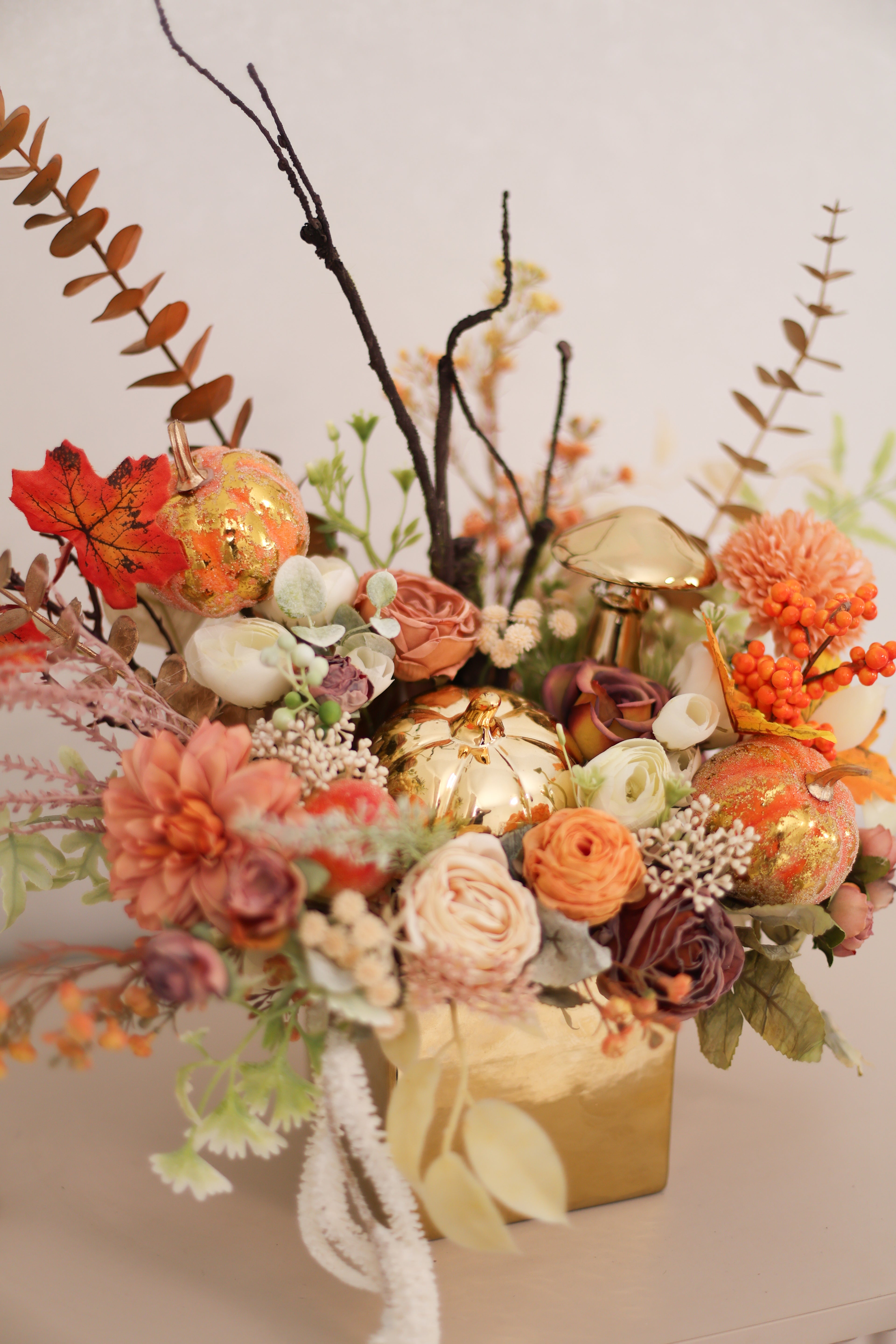 Handcrafted Autumn Floral Arrangement in Ceramic Planter | Fall Table Centerpiece | Pumpkin Decor