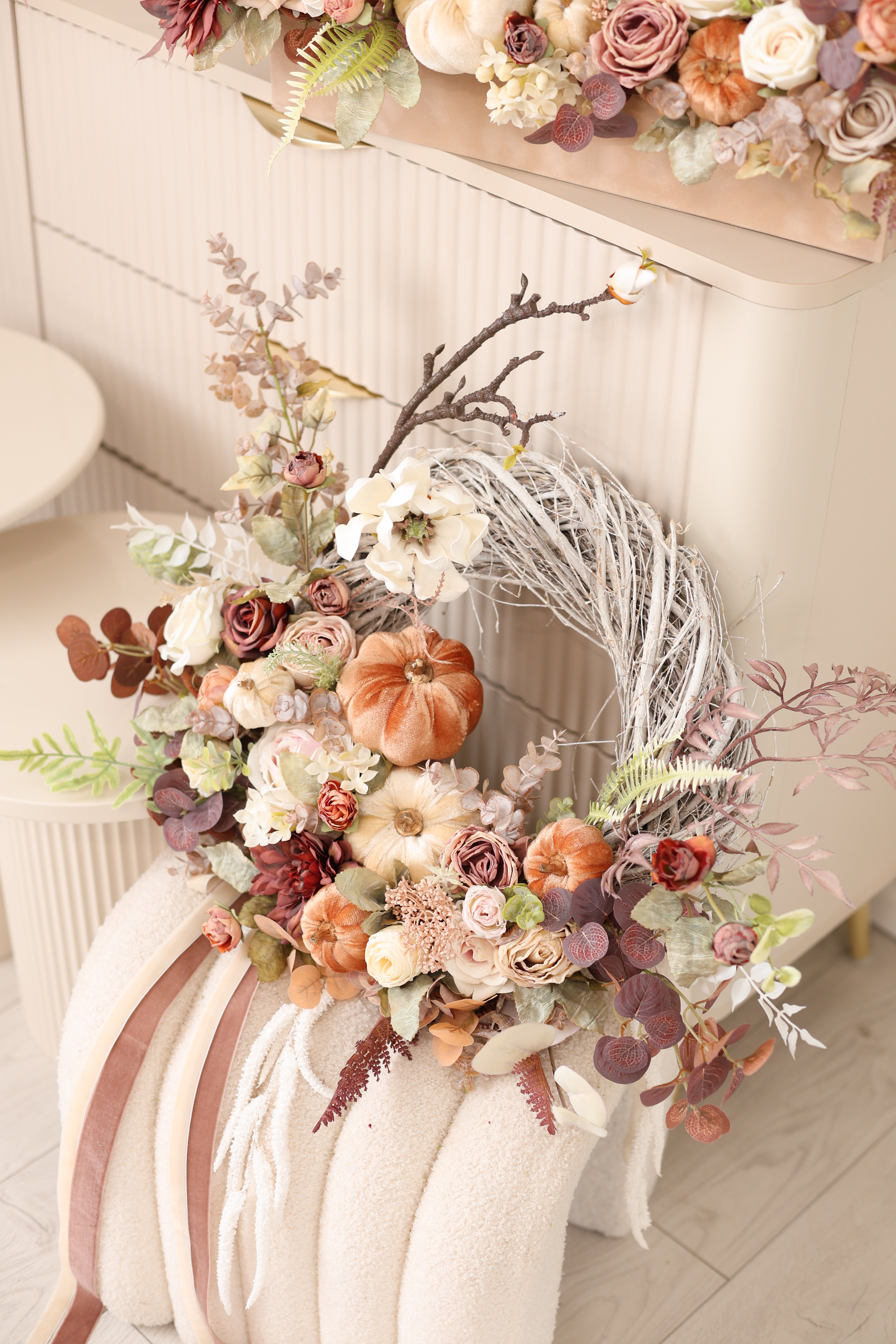 Fall Pumpkin Wreath, Autumn Front Door Wreath, Thanksgiving Wreath, Rustic Fall Floral Wreath, Harvest Decor, Neutral Autumn Wreath