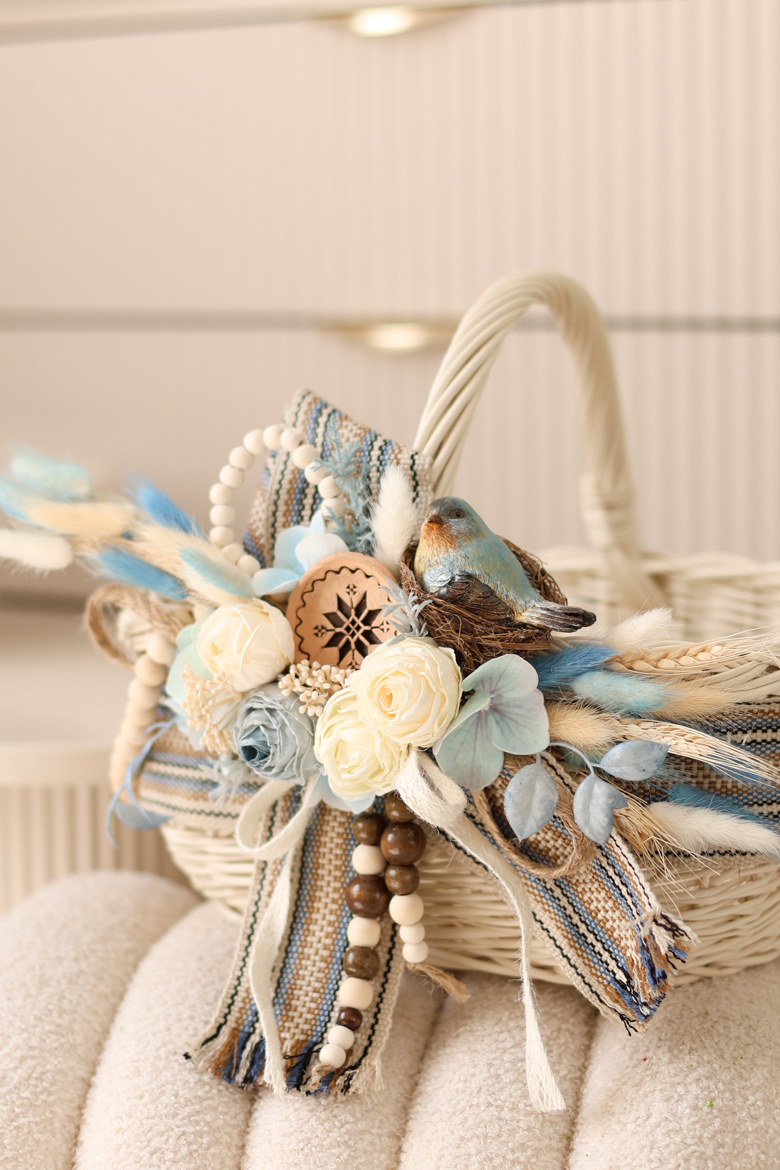 Blue Bird Easter Basket | Handmade Wicker Basket with Floral Decor