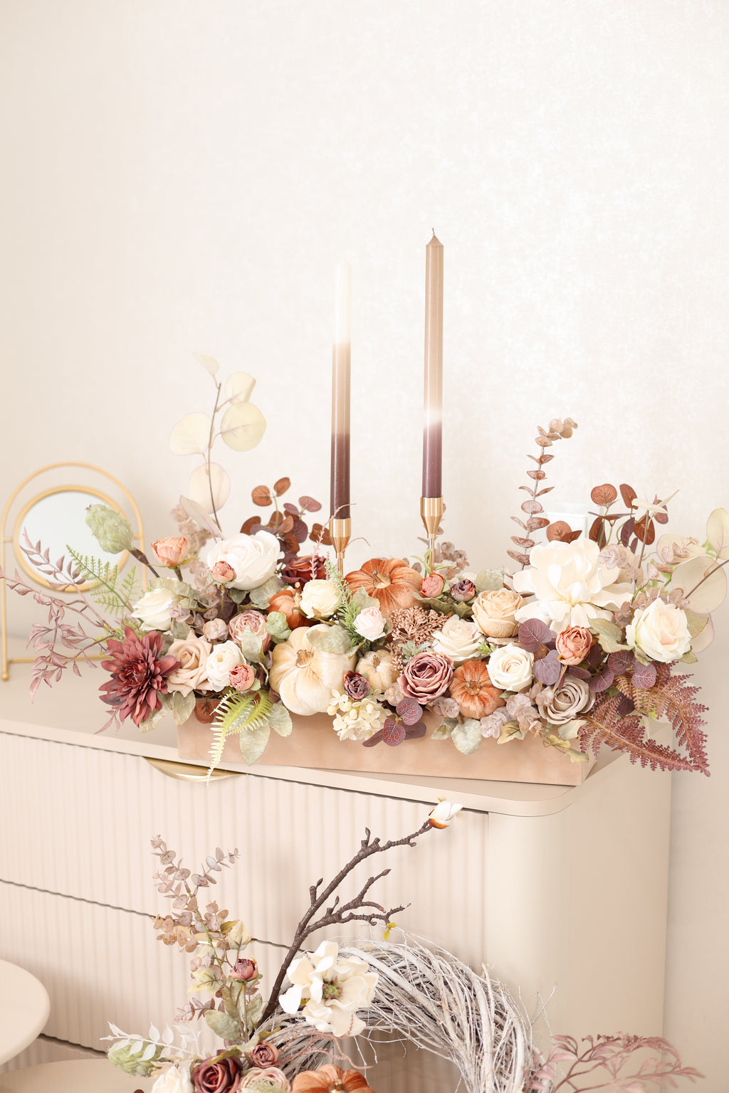 Fall Floral Centerpiece with Pumpkins & Candles, Autumn Table Arrangement, Thanksgiving Decor, Harvest Table Centerpiece, Fall Home Decor