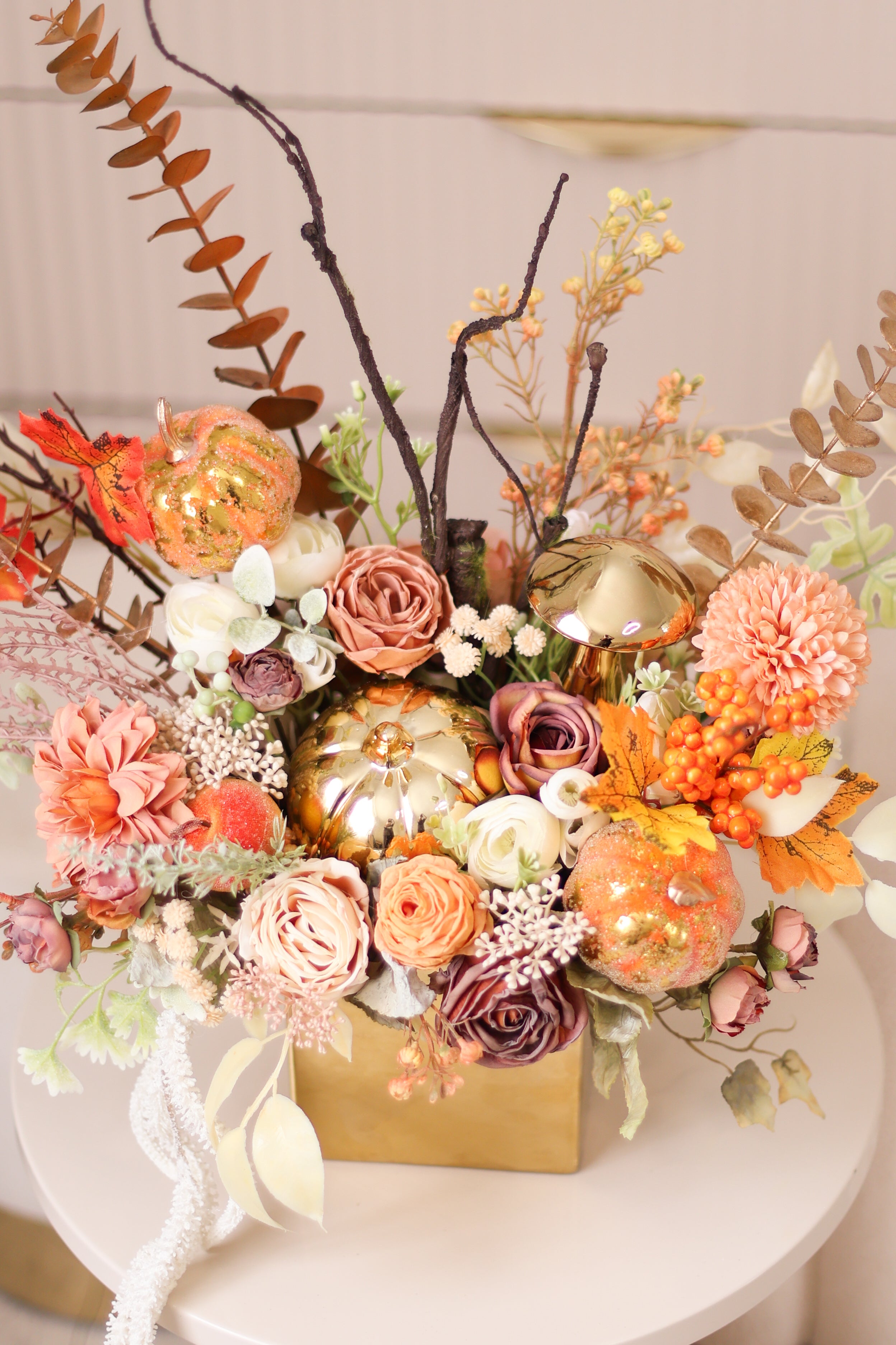 Handcrafted Autumn Floral Arrangement in Ceramic Planter | Fall Table Centerpiece | Pumpkin Decor