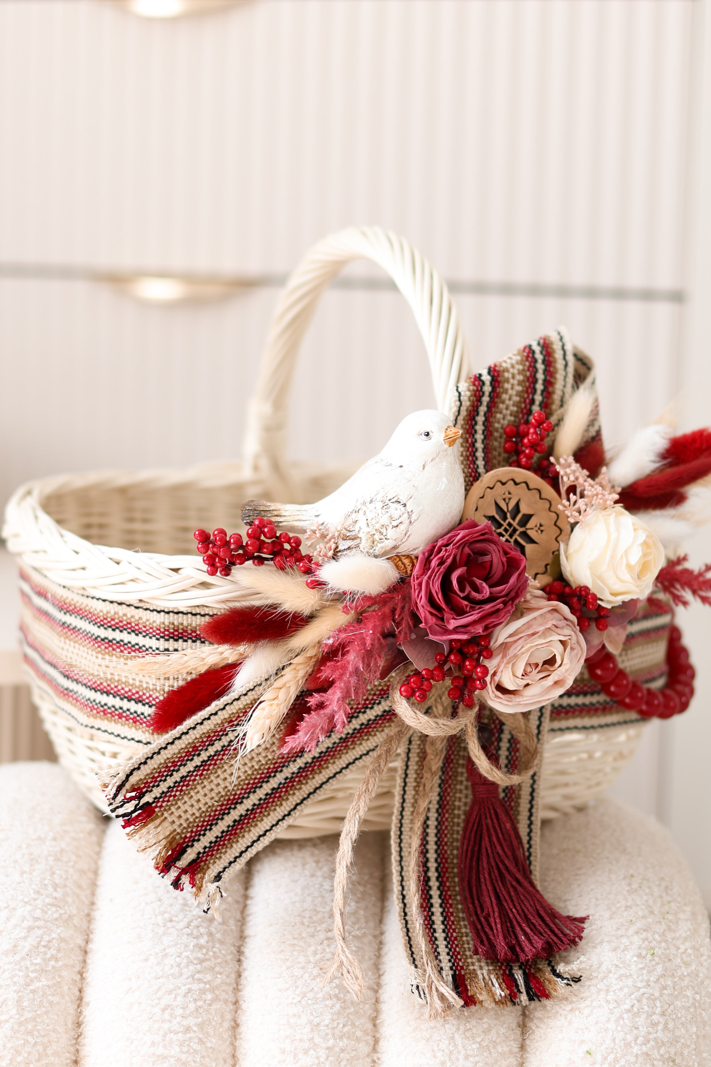 Handmade Ukrainian Easter Basket with Floral Decoration | White Wicker Basket