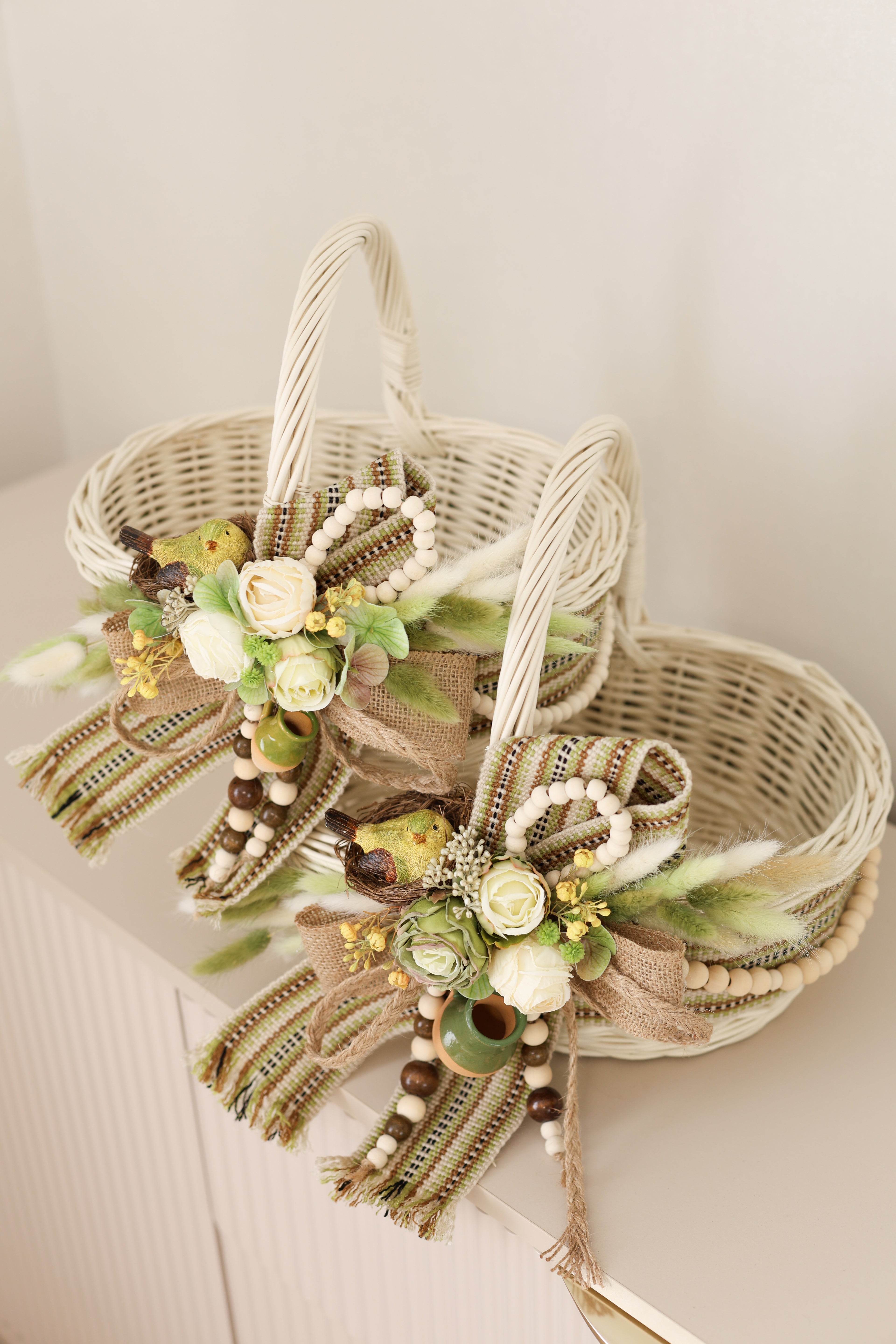 Handmade Harvest Basket | White Wicker Basket | Farmhouse Fall Decor | Rustic Centerpiece | Decorative Wicker Basket | Green Decor