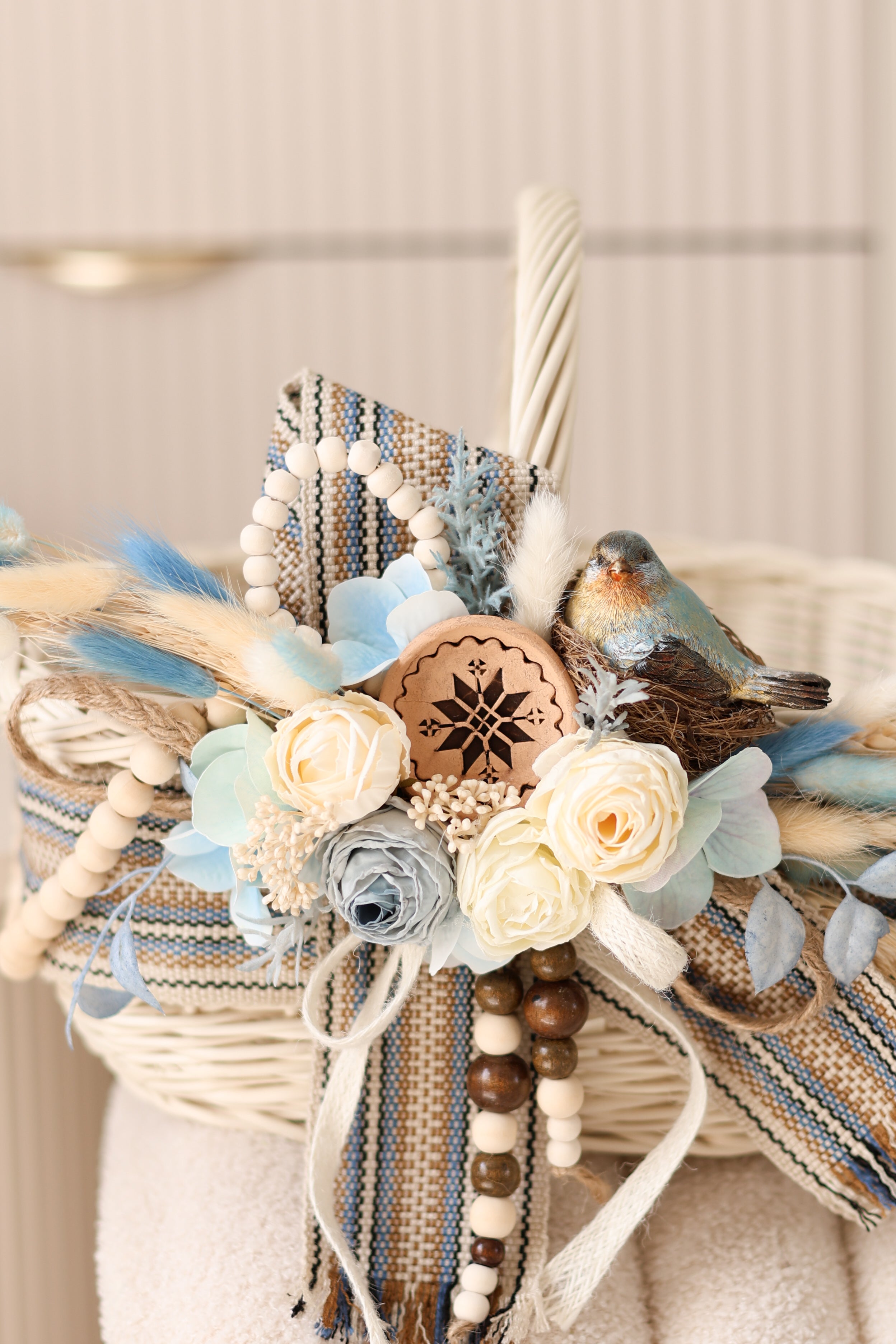 Blue Bird Easter Basket | Handmade Wicker Basket with Floral Decor
