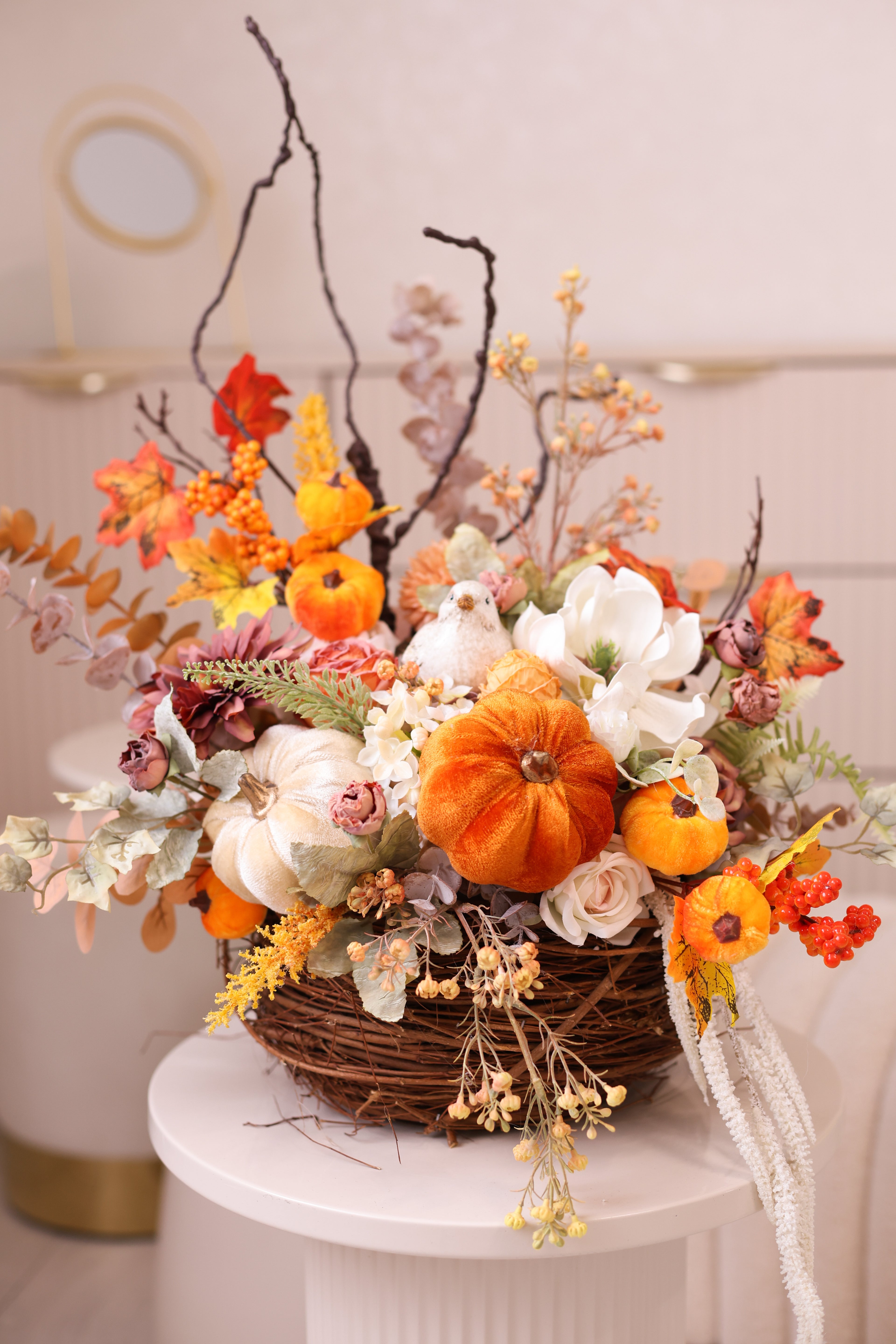 Fall Centerpiece with Pumpkins | Autumn Table Decor | Thanksgiving Floral Arrangement | Rustic Farmhouse Pumpkin Basket | Harvest Home Decor