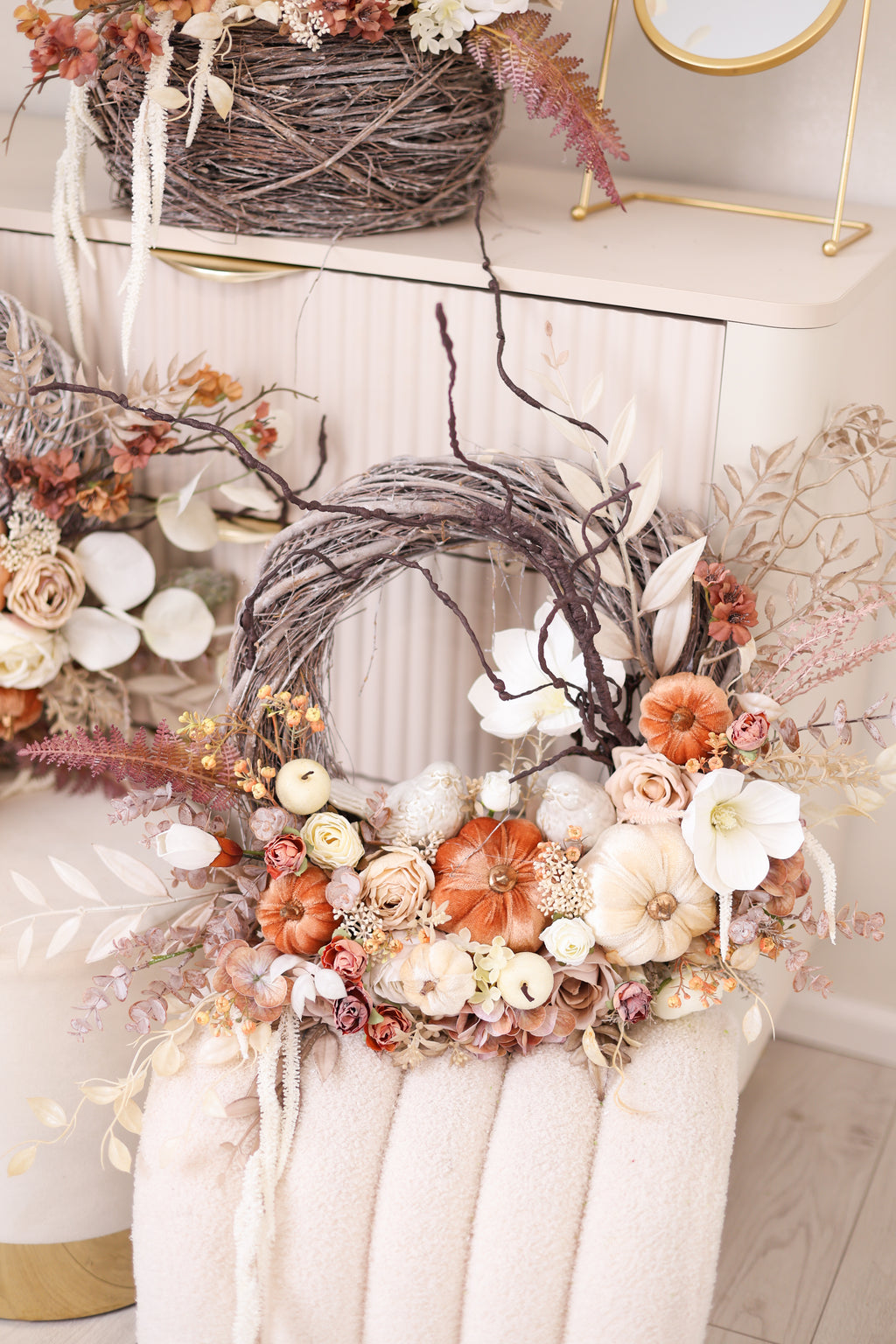Luxury Neutral Fall Pumpkin Wreath, Handmade Autumn Front Door Wreath, Elegant Thanksgiving Decor