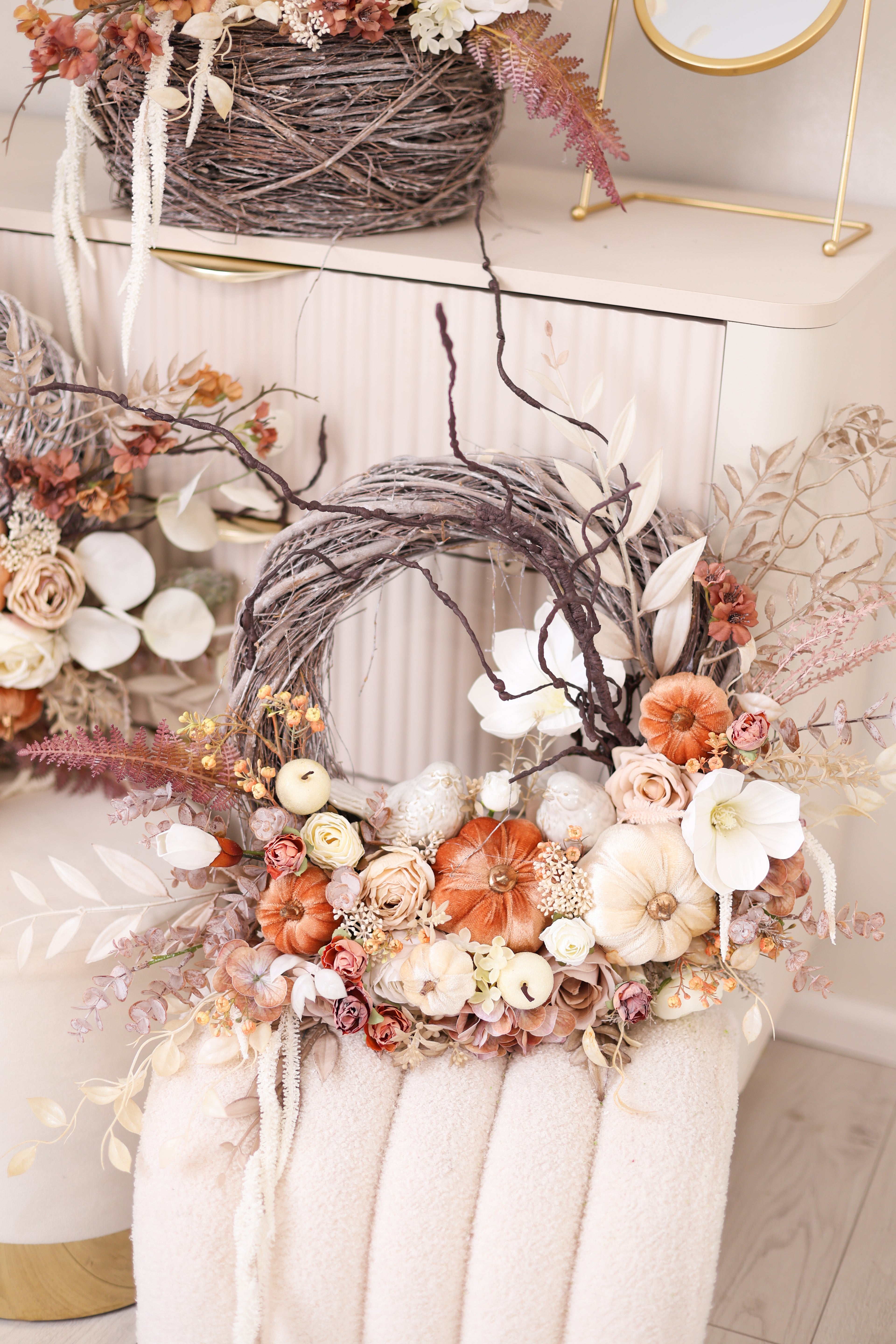 Luxury Neutral Fall Pumpkin Wreath, Handmade Autumn Front Door Wreath, Elegant Thanksgiving Decor