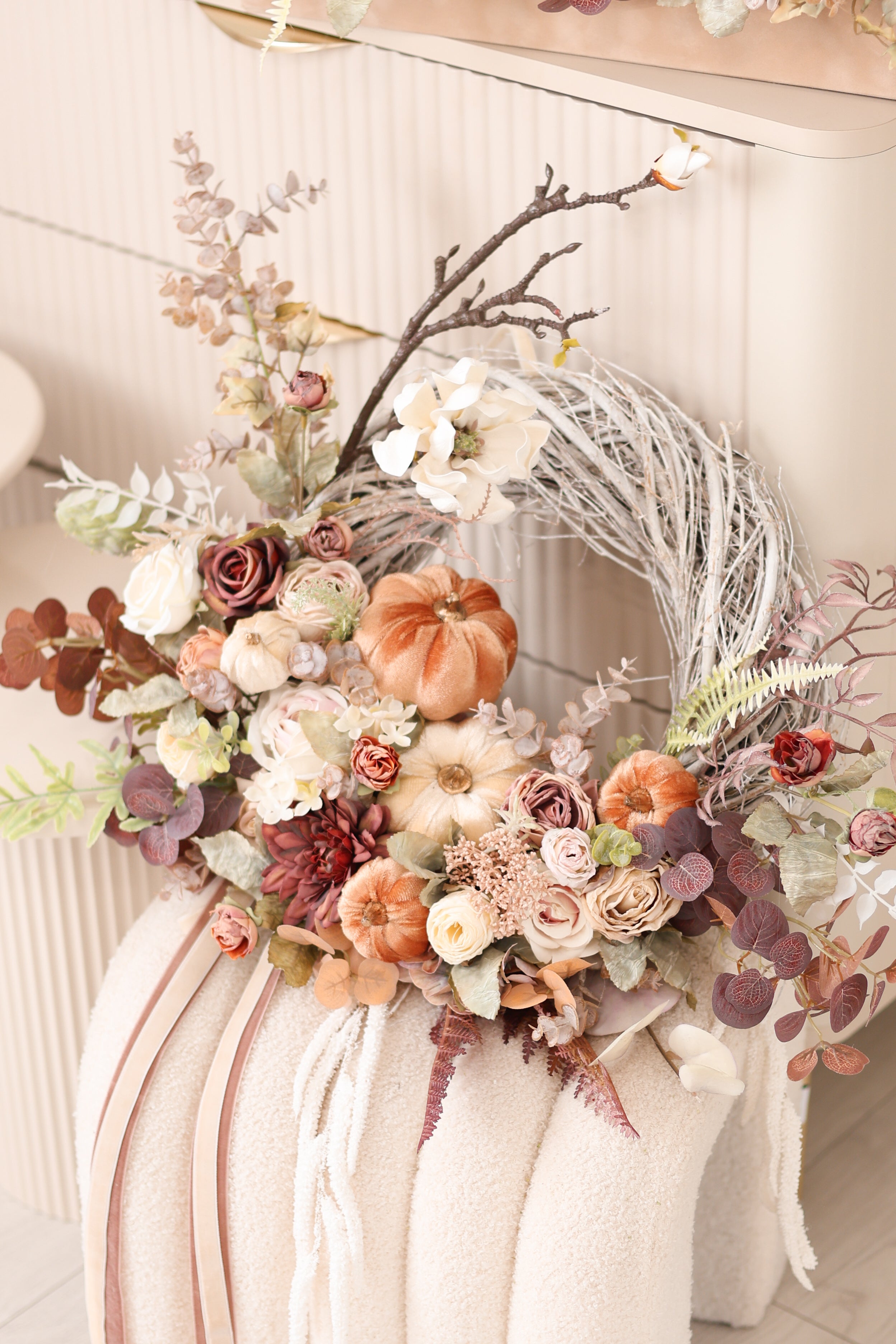 Fall Pumpkin Wreath, Autumn Front Door Wreath, Thanksgiving Wreath, Rustic Fall Floral Wreath, Harvest Decor, Neutral Autumn Wreath