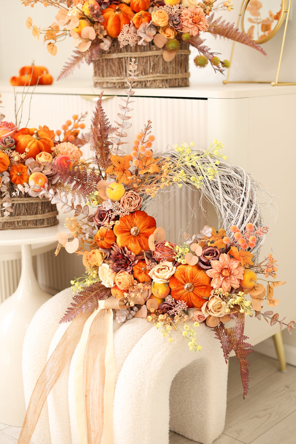 Luxury Fall Wreath, Pumpkin Autumn Wreath, Handmade Front Door Wreath, Thanksgiving Decor, Farmhouse Door Decor