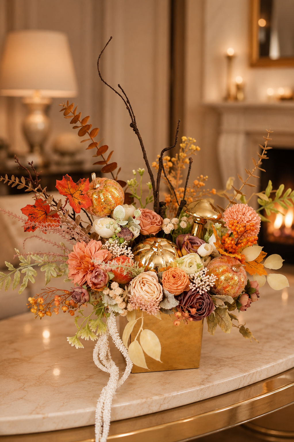Handmade Autumn Floral Centerpiece with Gold Pumpkins